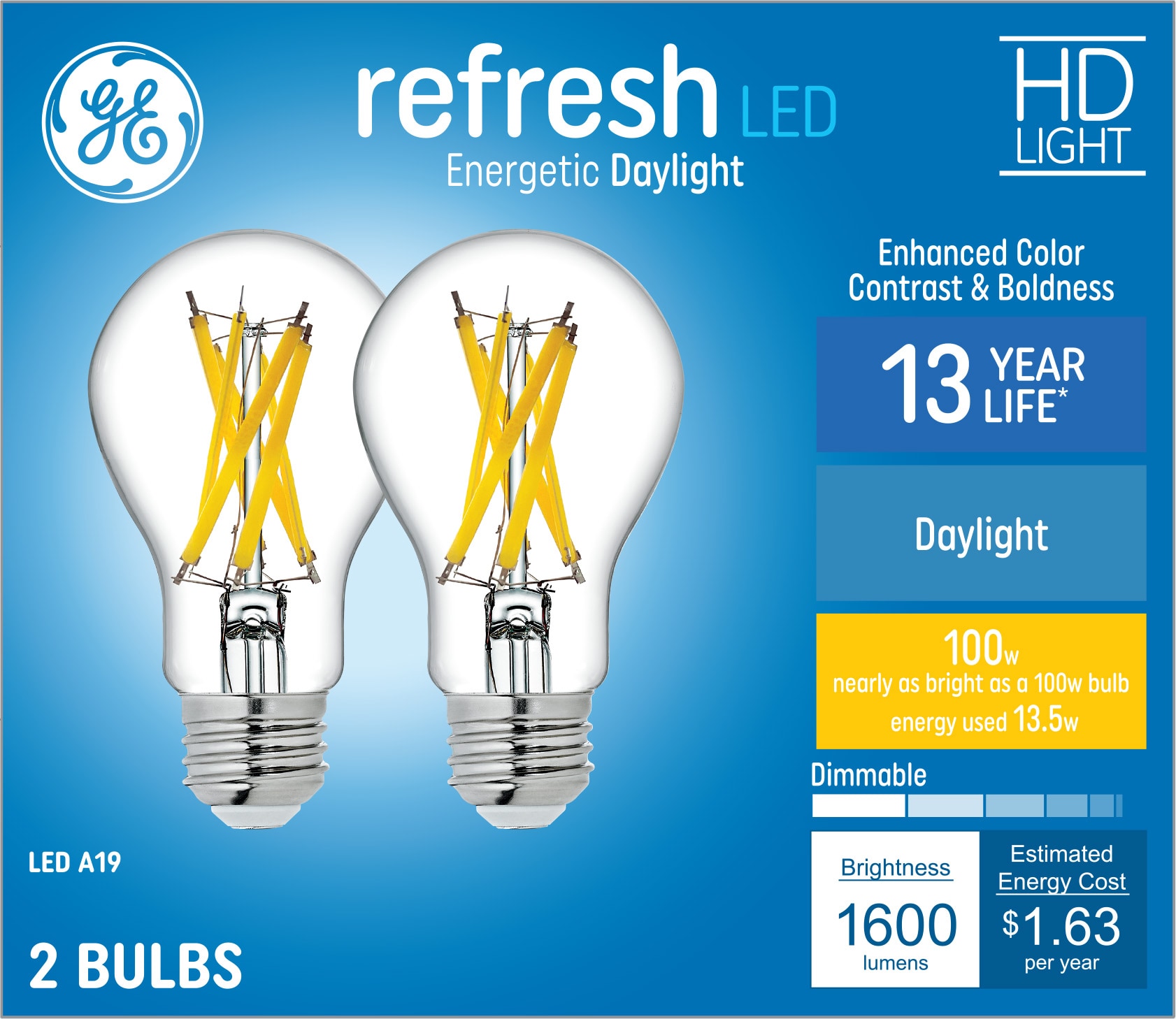 GE Refresh 100-Watt EQ A19 Daylight Medium Base (e-26) Dimmable LED Light  Bulb (2-Pack) in the General Purpose Light Bulbs department at
