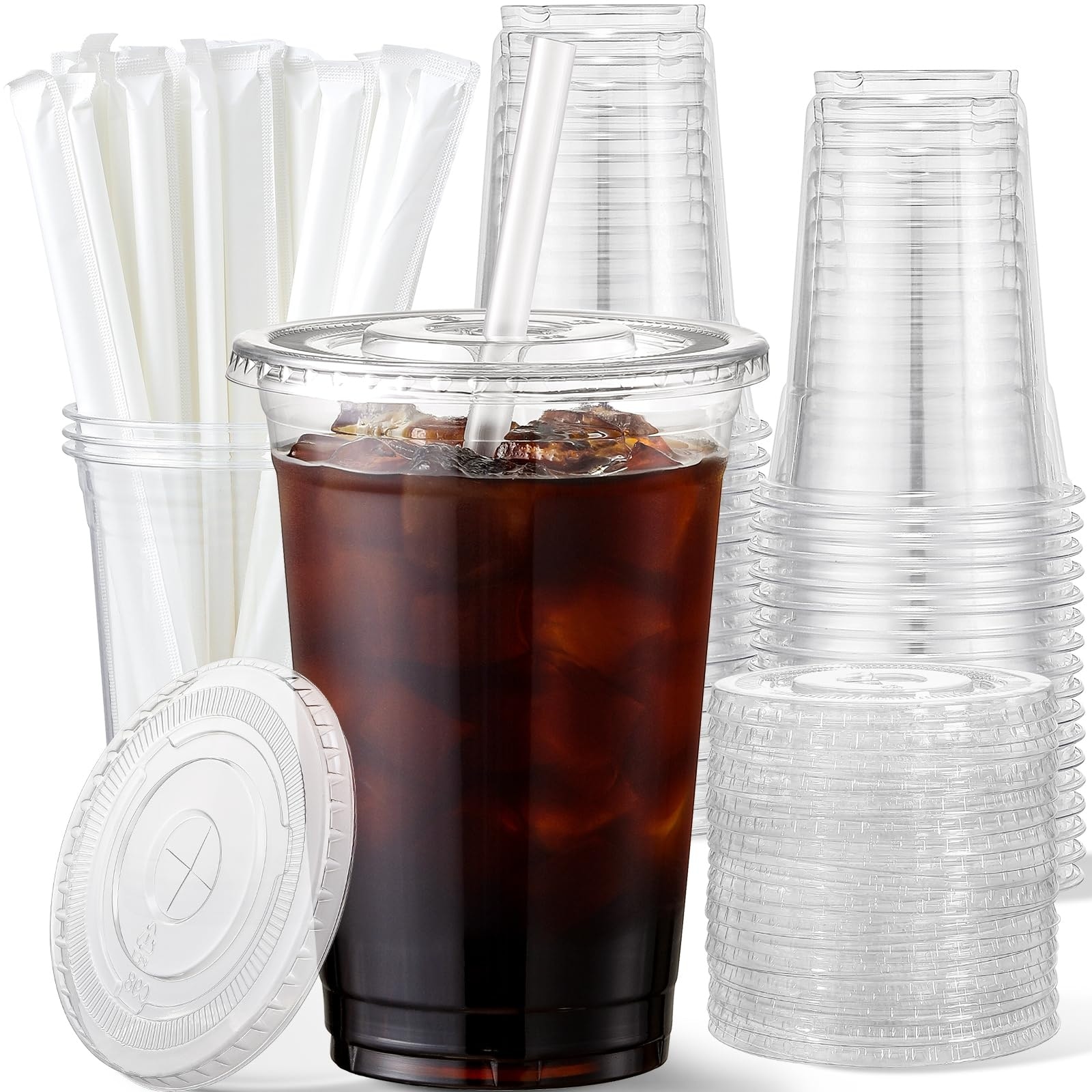 Anqtovp  16 oz Plastic Cups with Lids and Straws 50 Pack Durable Clear Disposable Cups for Iced Coffee Smoothies Milkshakes Tea BPA Free Spill