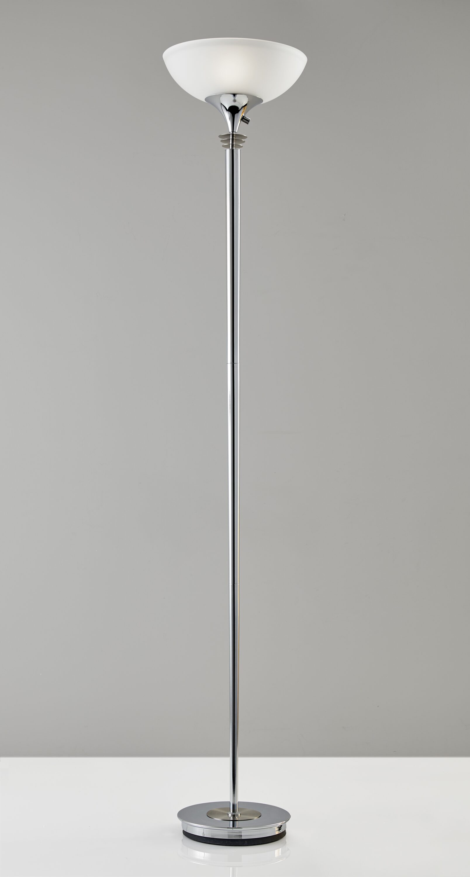 Adjustable Chrome Torchiere Floor Lamp with Frosted Glass Shade