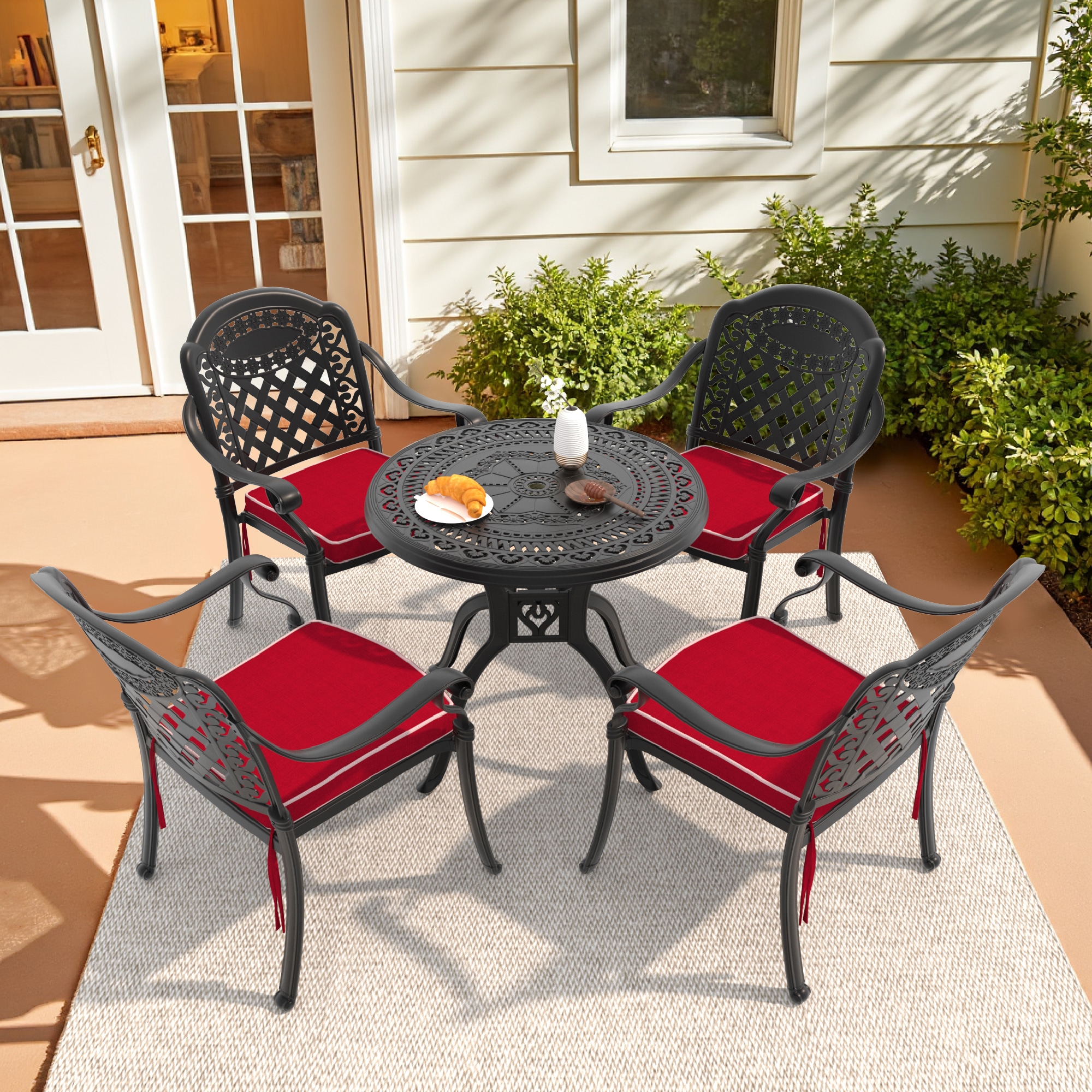 nicesure SLBK6008CZ4A1053RC 5 -Piece Black Patio Dining Set Aluminum Round Table with 4 Cushions Stackable Stationary Chairs