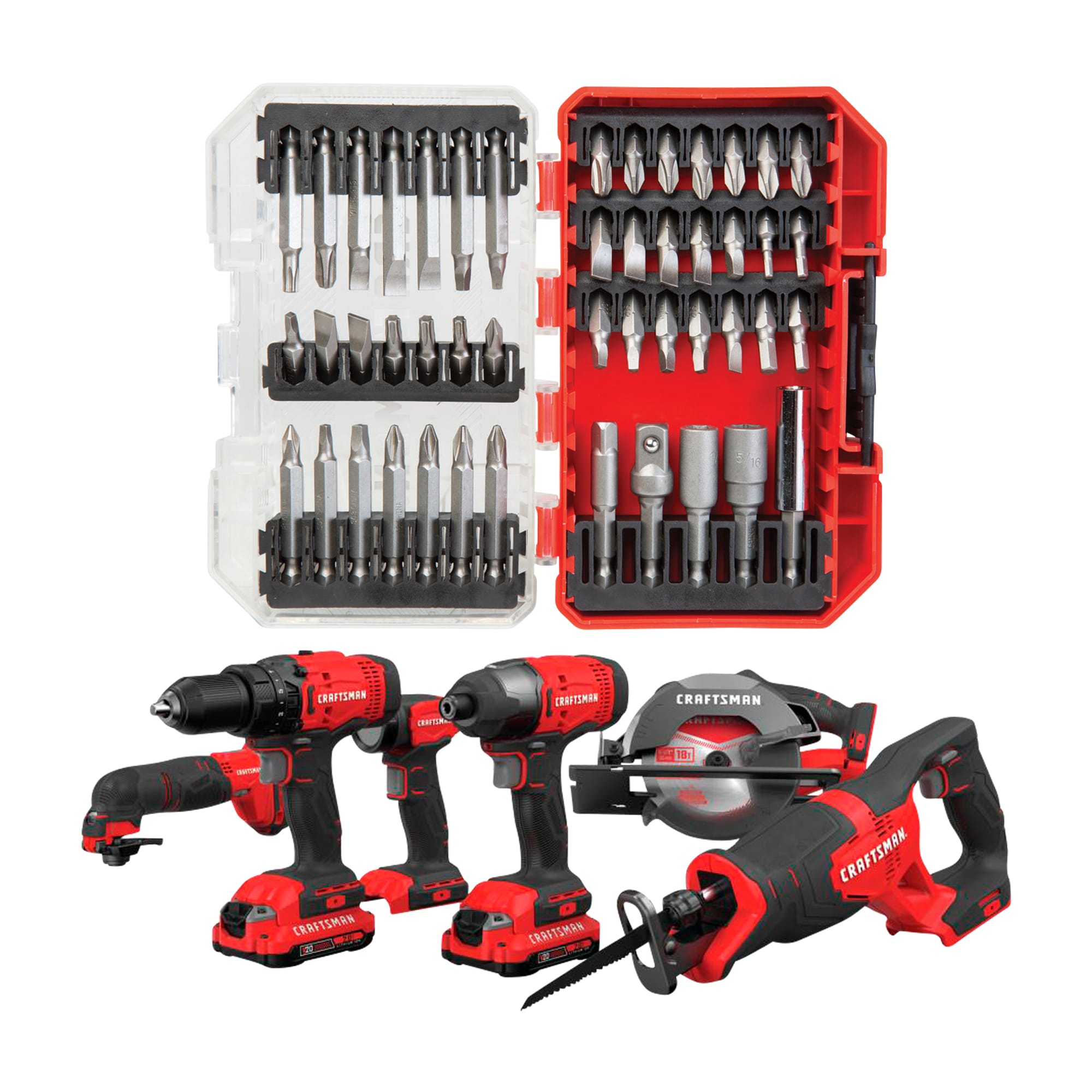 CRAFTSMAN V20* 6-Tool Power Tool Combo Kit with Soft Case (2-Batteries Included and Charger Included) & Set Steel Hex Shank Screwdriver Bit Set