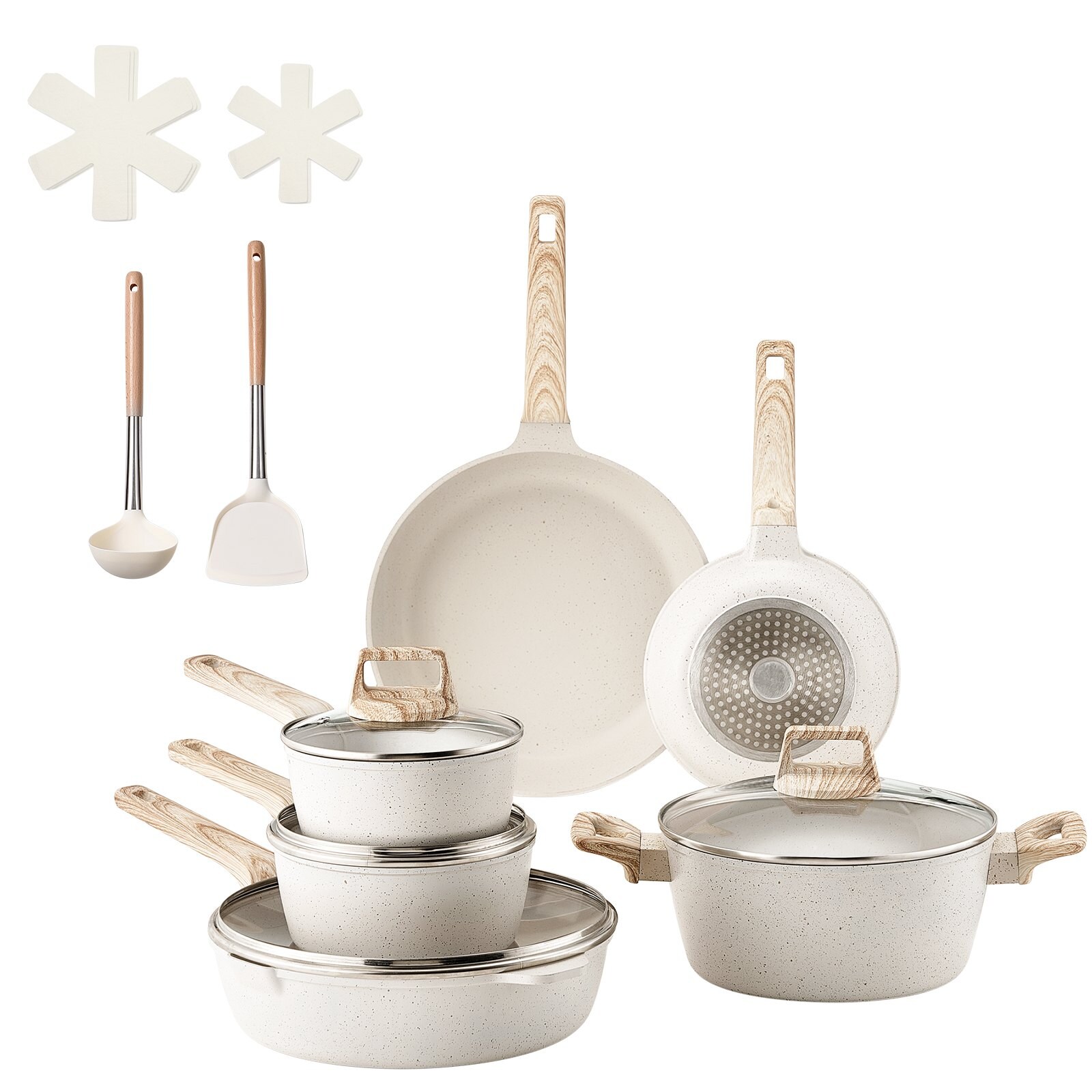 Slickblue Black/White 17-Piece Cookware Set with Aluminum Nonstick Pans Set Stockpot and Glass Lids for Kitchen