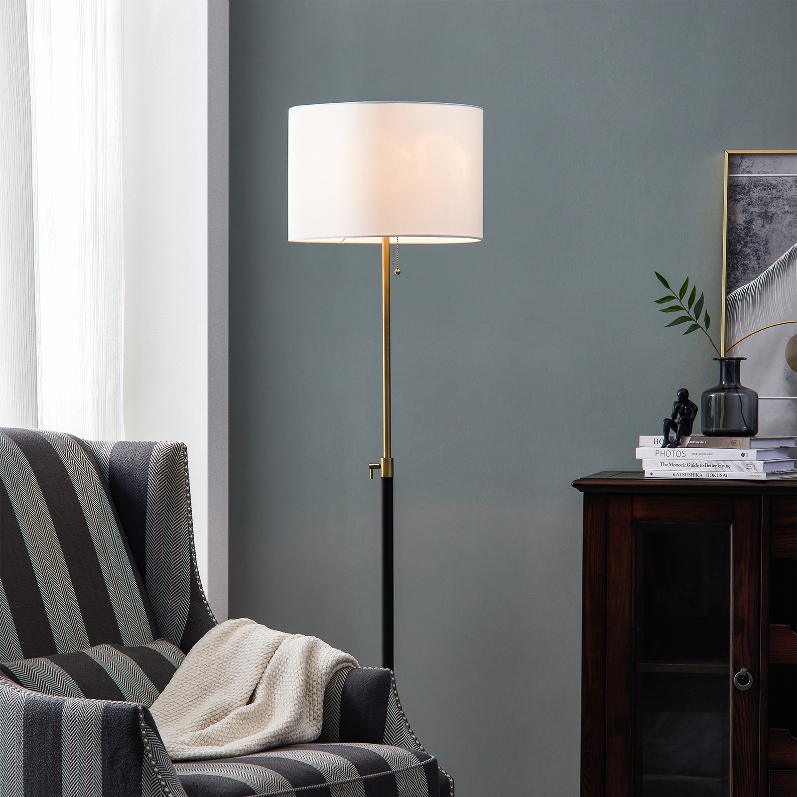 KAWOTI Equitte 64.5-in Black and Brass Shaded Floor Lamp 21009 at Lowes.com