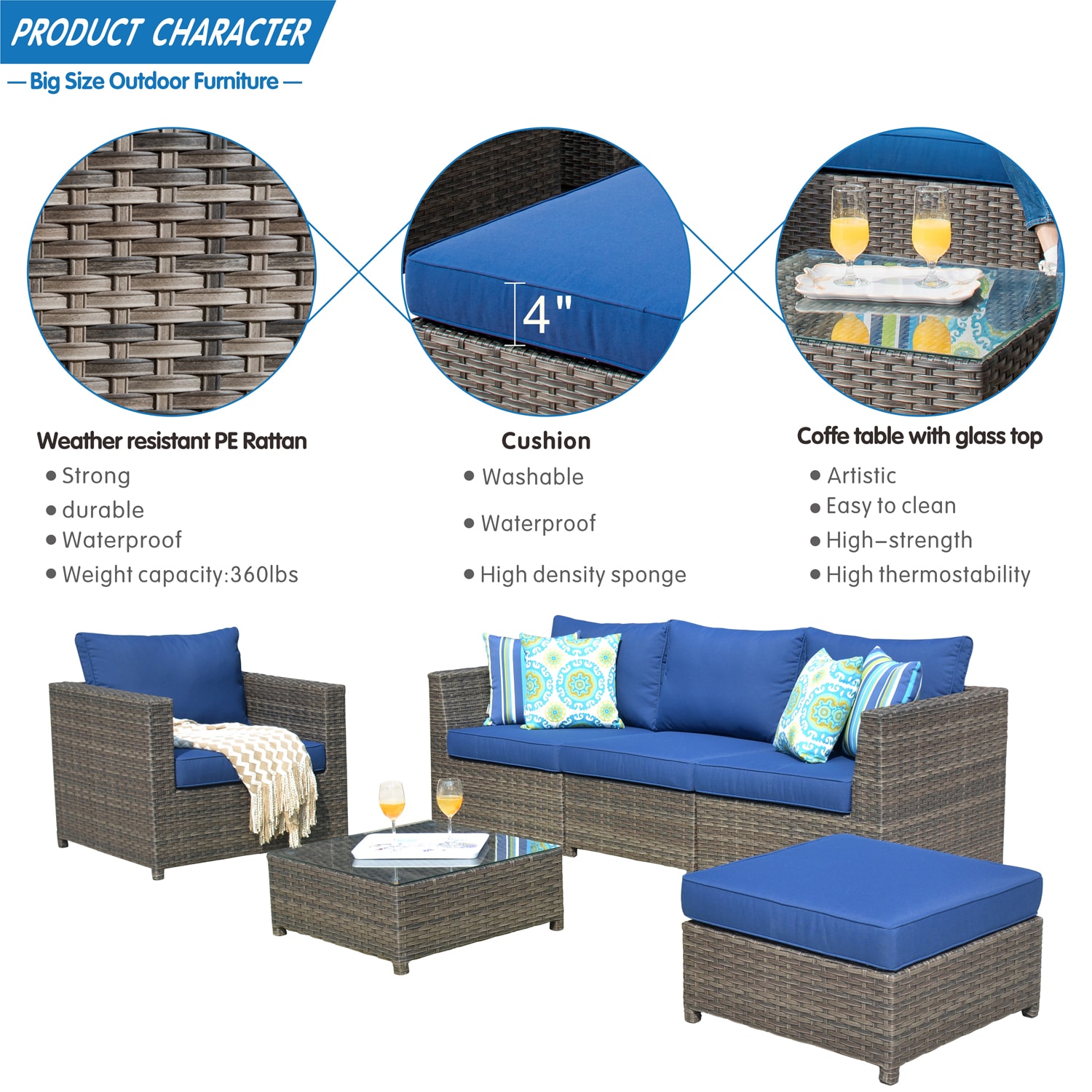 Ovios New King 6-Piece Rattan Patio Conversation Set with Blue Cushions ...