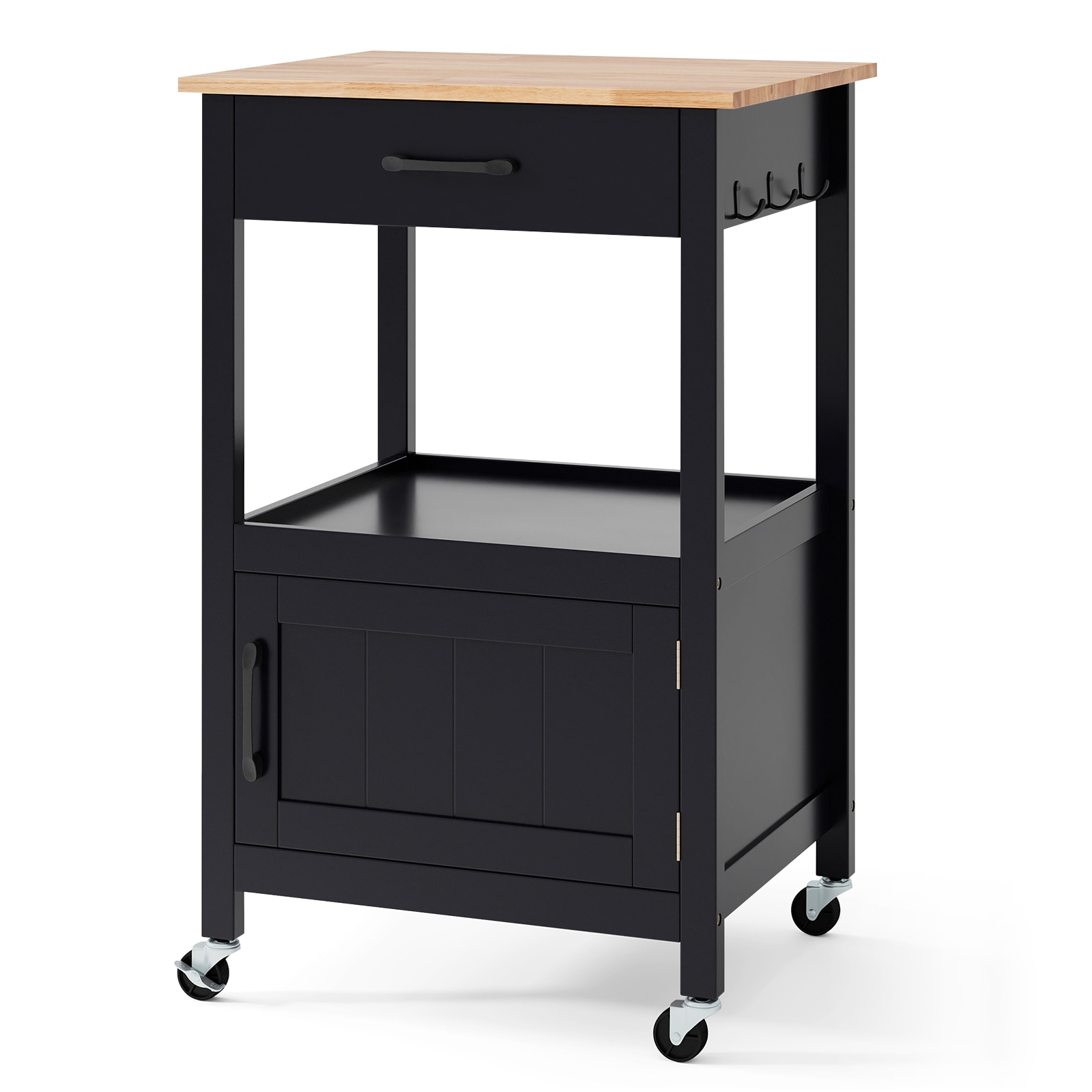 Slickblue D-CO-KD22355CK Rubber Wood Base with Pine Wood Countertop Top Rolling Utility Cart with Shelf and Hooks (22 Inch W x 18 Inch L x 35 Inch H) for Kitchen or Dining Room- Black/ White