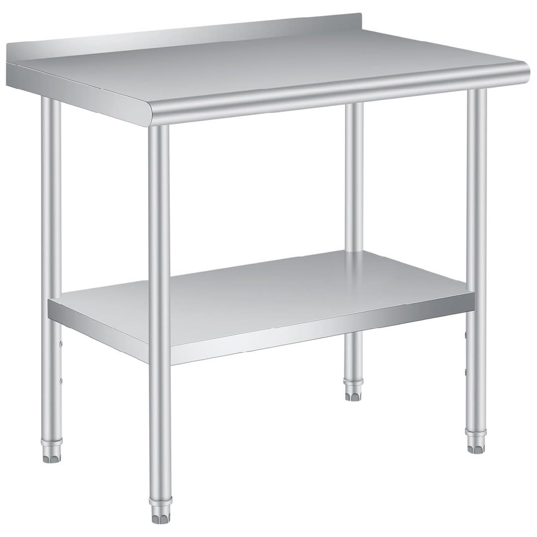 Qeetex NL-PHK-33DRMD5J 36x24 Inches Stainless Steel Prep Table with Backsplash Commercial Heavy Duty Work Table Adjustable Under Shelf for Kitchen Restaurant Business