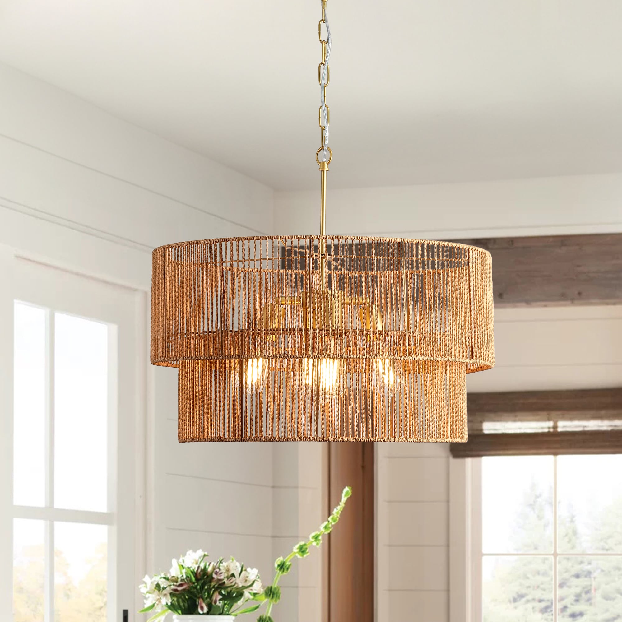 Sevenine Rerhill 5-Light Matte Gold Boho Rattan Lighting 2-tier Pendant Design Chandelier for Living Room Kitchen Island with No Bulbs included