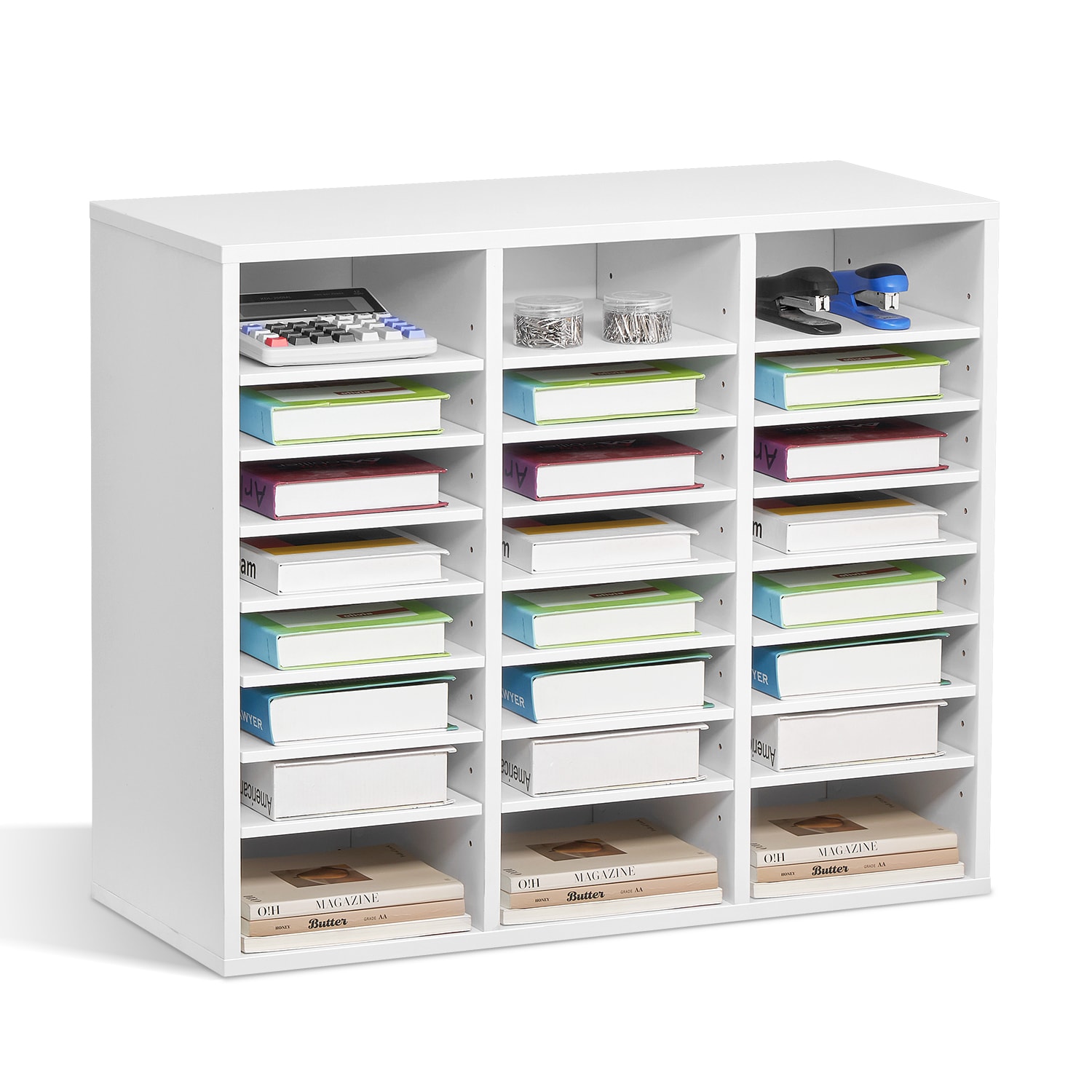 VEVOR Literature Organizer 24 Compartments Office Mailbox with Adjustable Shelves Wooden Mailbox Sorter Medium Density Fiberboard Office Home Classroom Storage for Files Documents Papers White