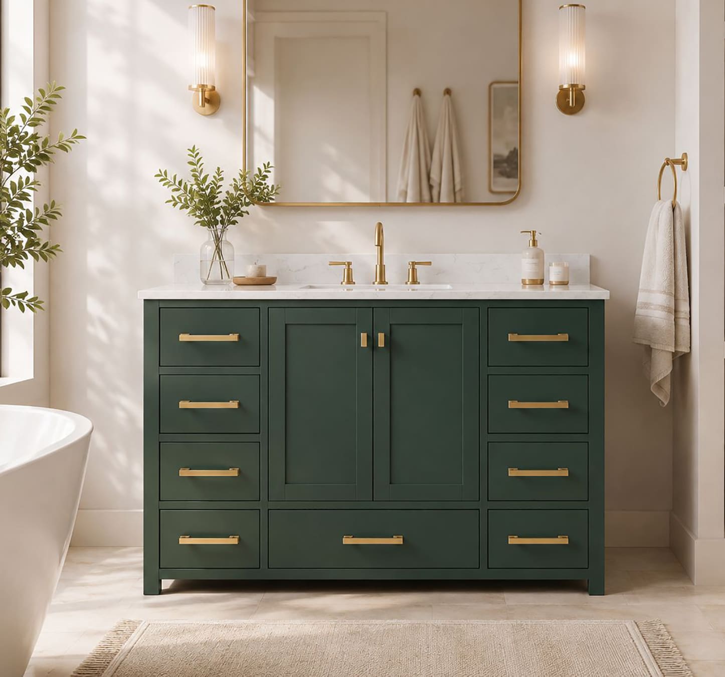 Forclover Solid Wood Bathroom Vanity 48-in Green Undermount Single Sink Bathroom Vanity with White Engineered Marble Top (Fully Assembled)