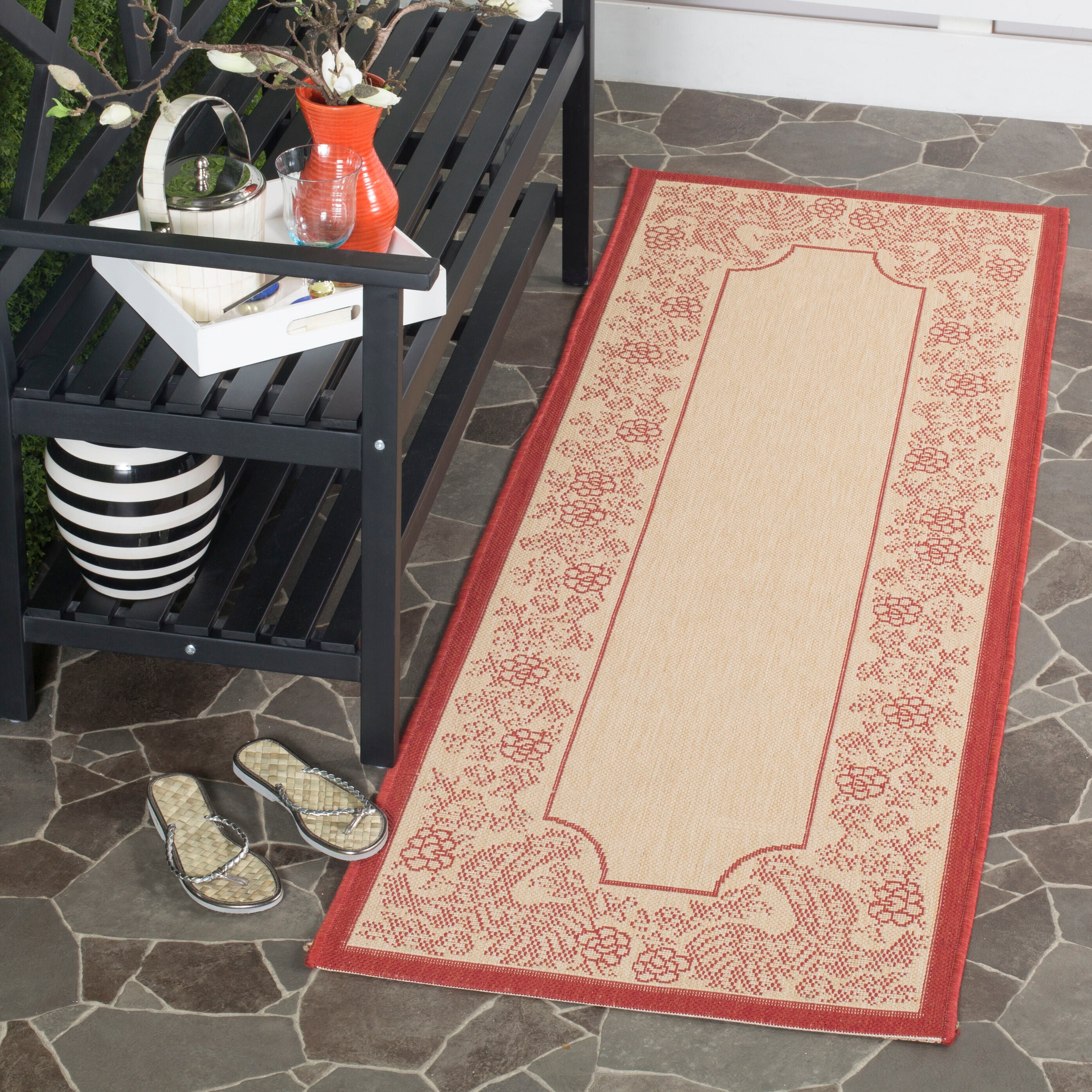 Safavieh CY3305-3701-27 Courtyard Praia 2 x 7 (ft) Loomed Polypropylene Natural/Red Rectangular Indoor/Outdoor Border Runner rug
