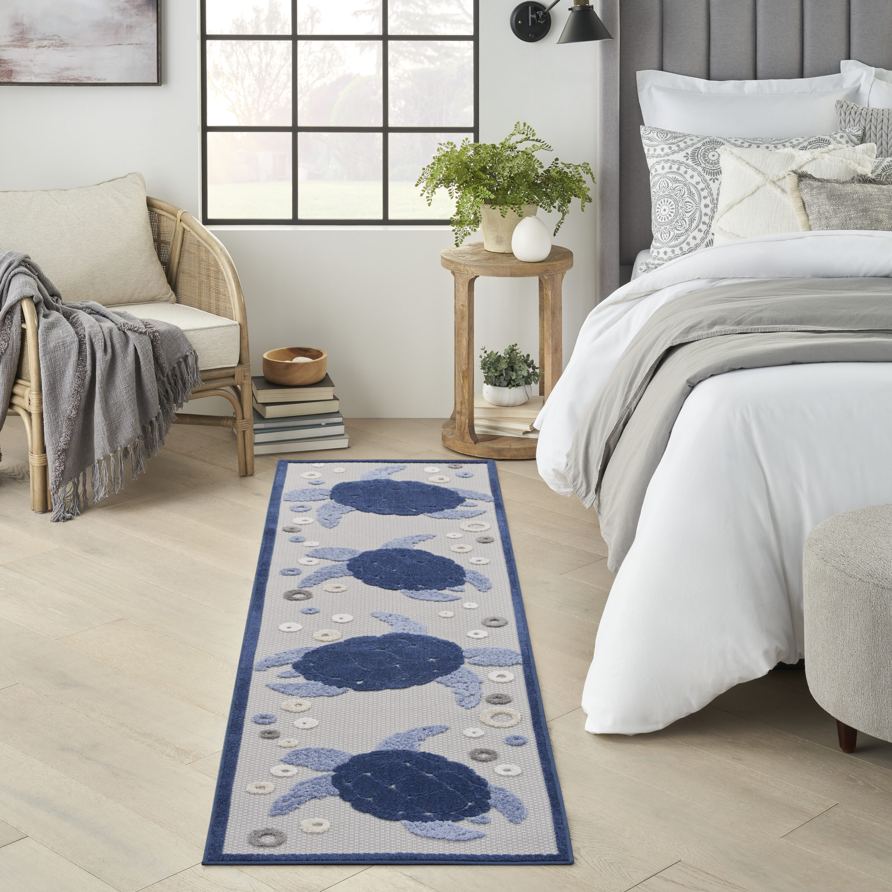 Nourison 099446135902 Aloha 2 x 6 (ft) Loomed Polypropylene Navy Blue Rectangular Indoor/Outdoor Animal print Coastal Runner rug