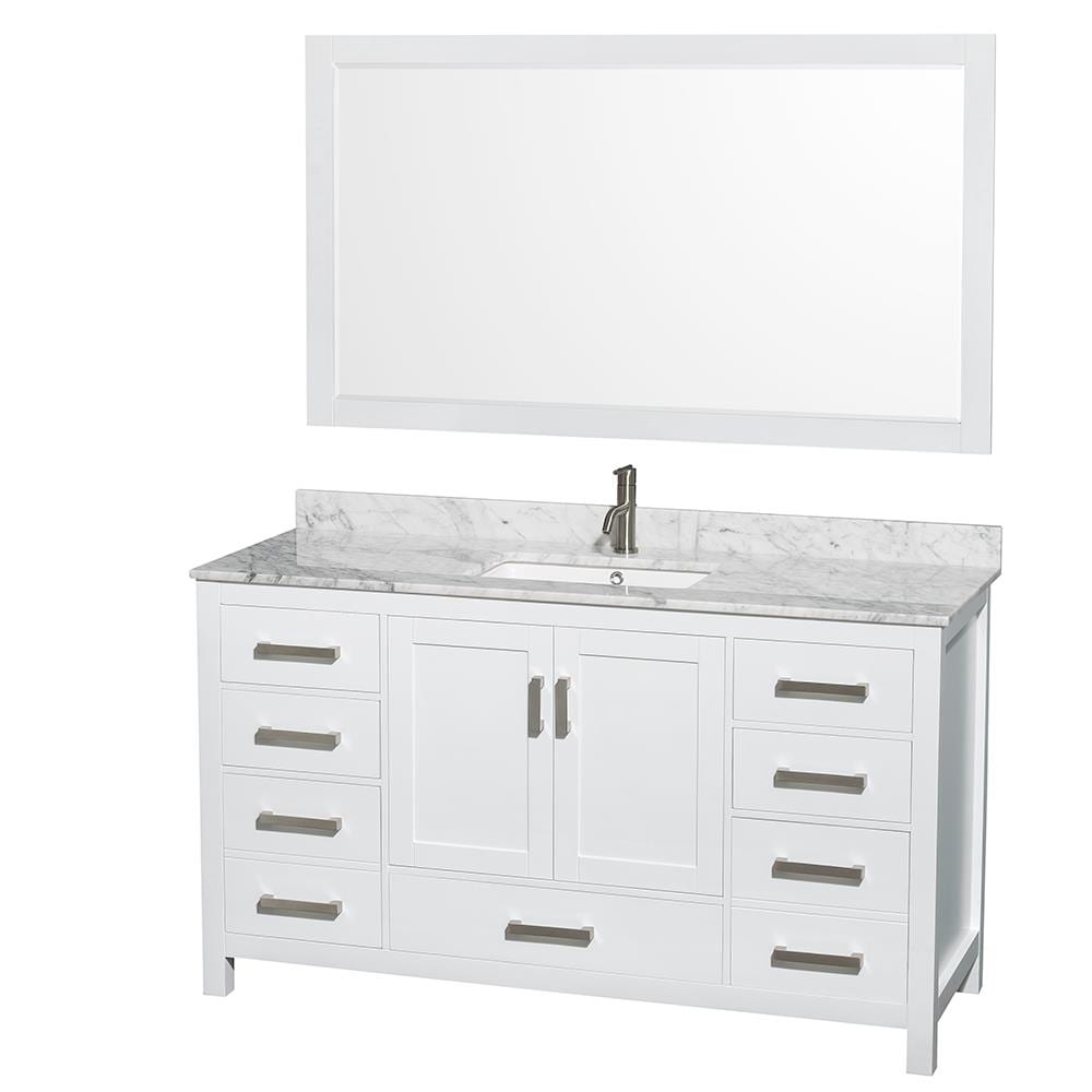 Wyndham Collection WCS141460SWHCMUNSM58 Sheffield 60-in White with Brushed Chrome Trim Undermount Single Sink Bathroom Vanity with White Carrera Natural Marble Top (Mirror Included)