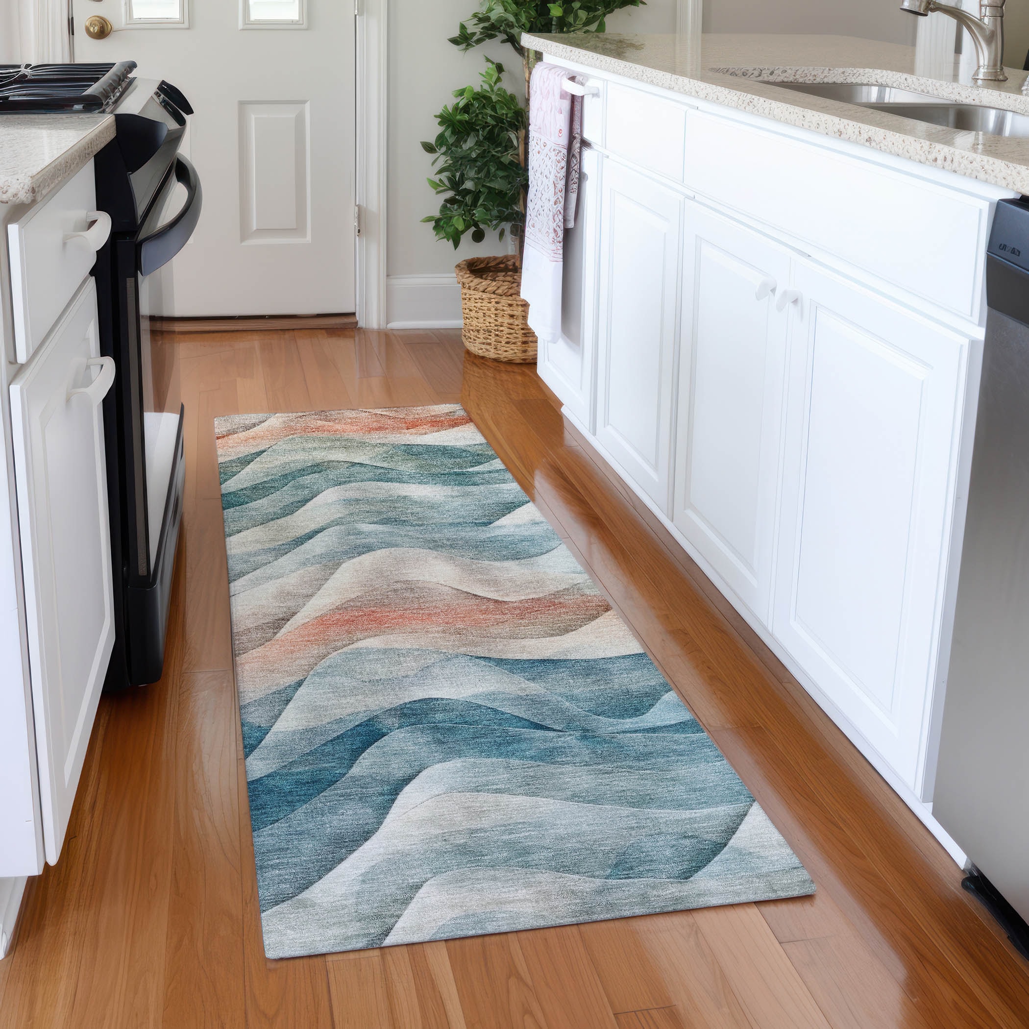 Teal and Beige Synthetic Wave Pattern Washable Runner Rug