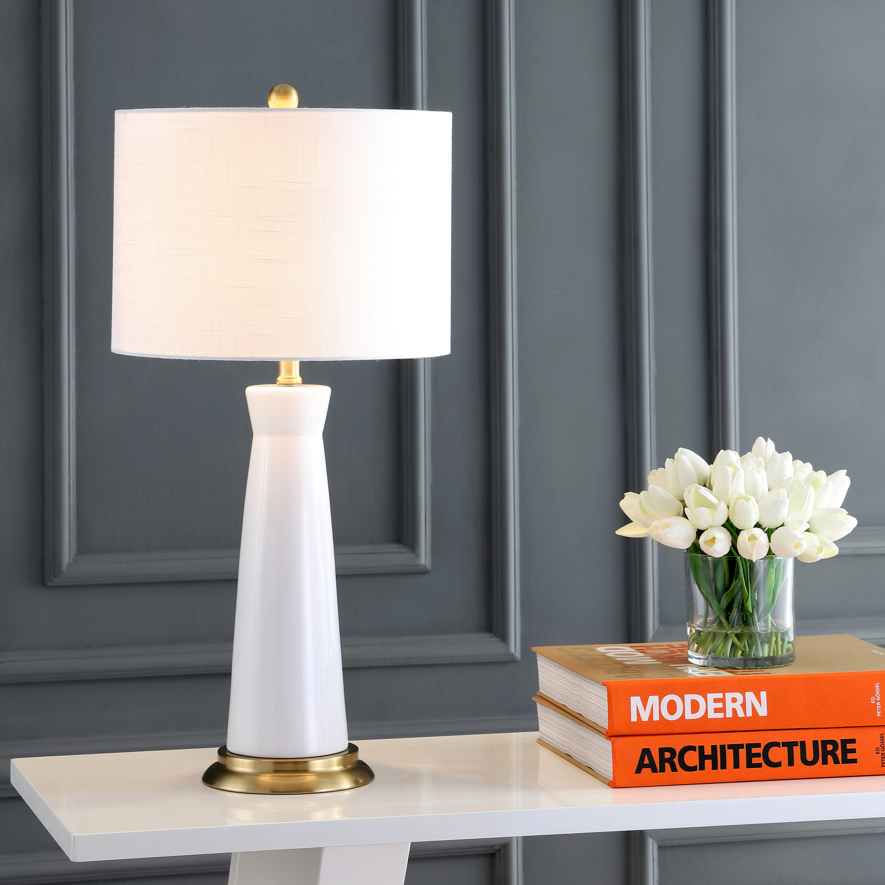 JONATHAN  Y JYL3046B Hartley Ceramic Column Transitional 29-in White/brass gold LED Incandescent Rotary socket Table Lamp with Linen Shade