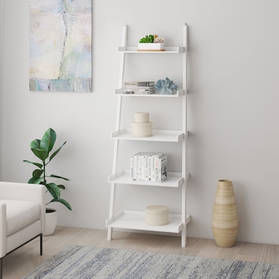 Roth White Wood 5 Shelf Ladder Bookcase, How To Make A Leaning Bookcase Wall