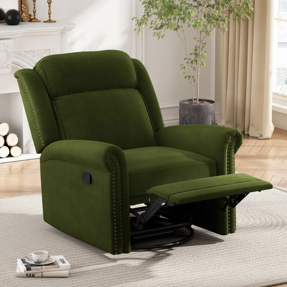 Coolbibila DIANA-RECLINER-GREEN Green Velvet 360 Swivel Manual Rocking Recliner Chair with Adjustable Backrest for Living Room