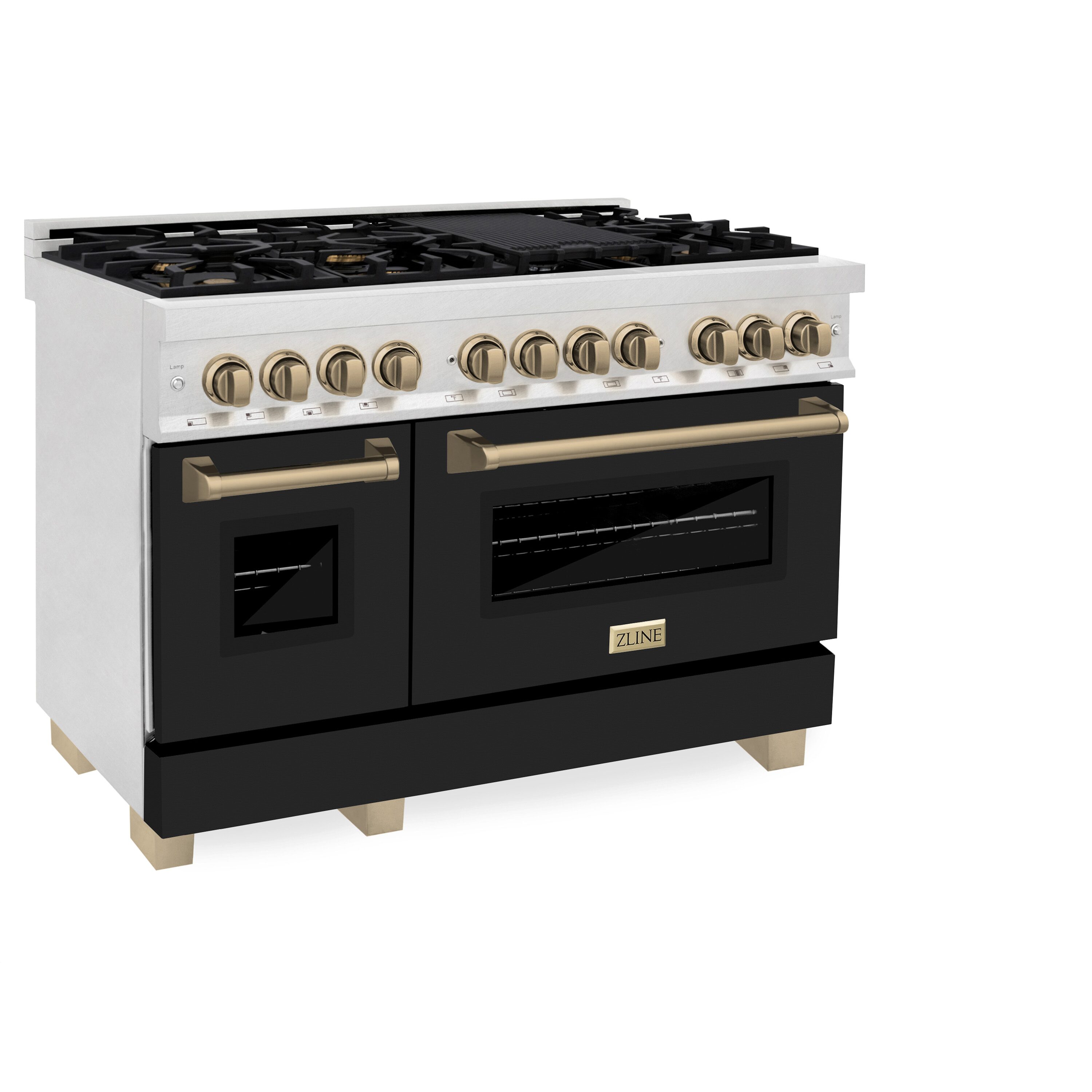 ZLINE KITCHEN & BATH RASZ-BLM-48-CB Legacy 48-in Standard 4-cu ft / 2-cu ft Convection Oven Freestanding Double Oven Dual Fuel Range ( Stainless Steel, Black Matte Door, Champagne Bronze Accents )