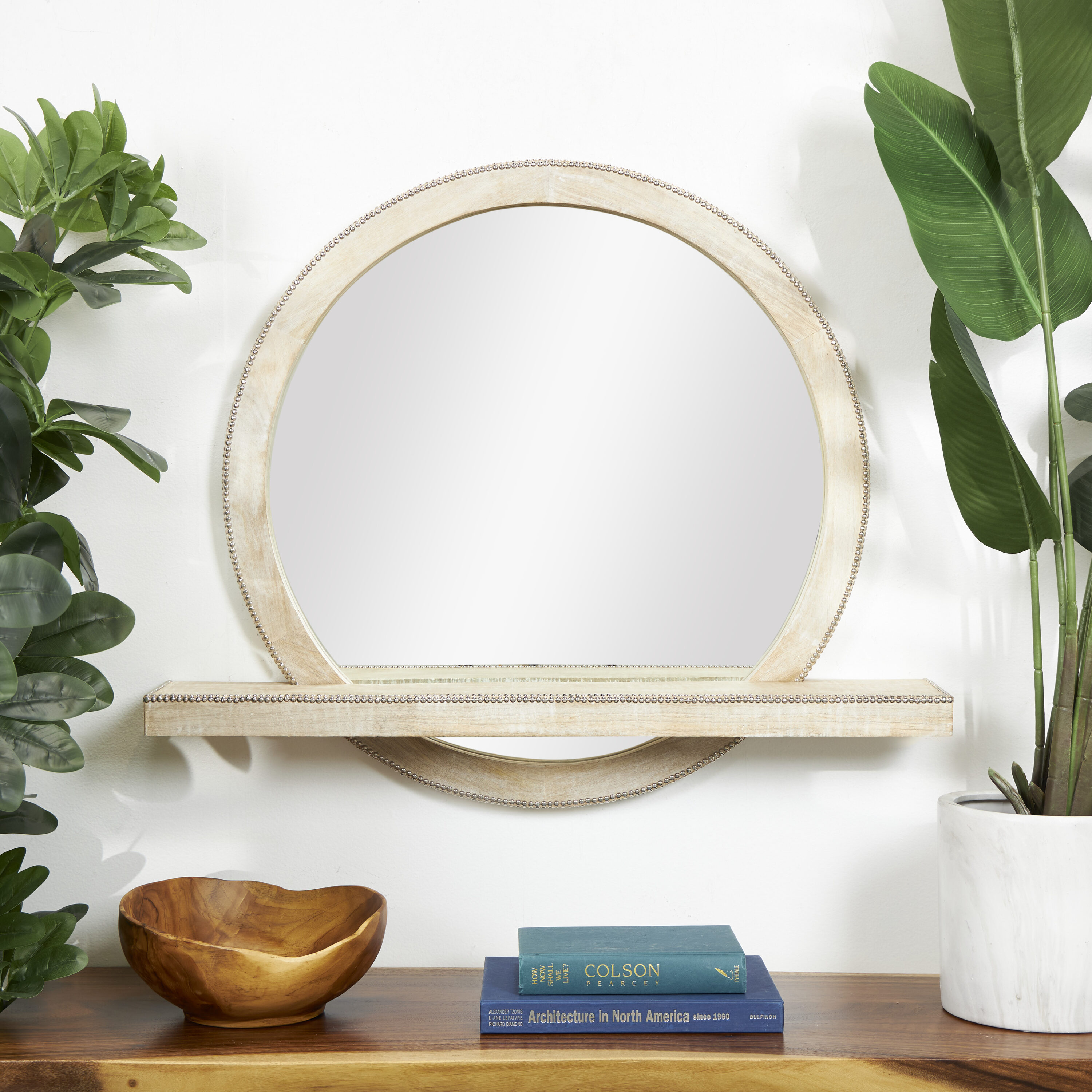 Grayson Lane 821545 36.13-Inches W x 30.13-Inches H Round Light Brown with Shelf Framed Wall Mirror