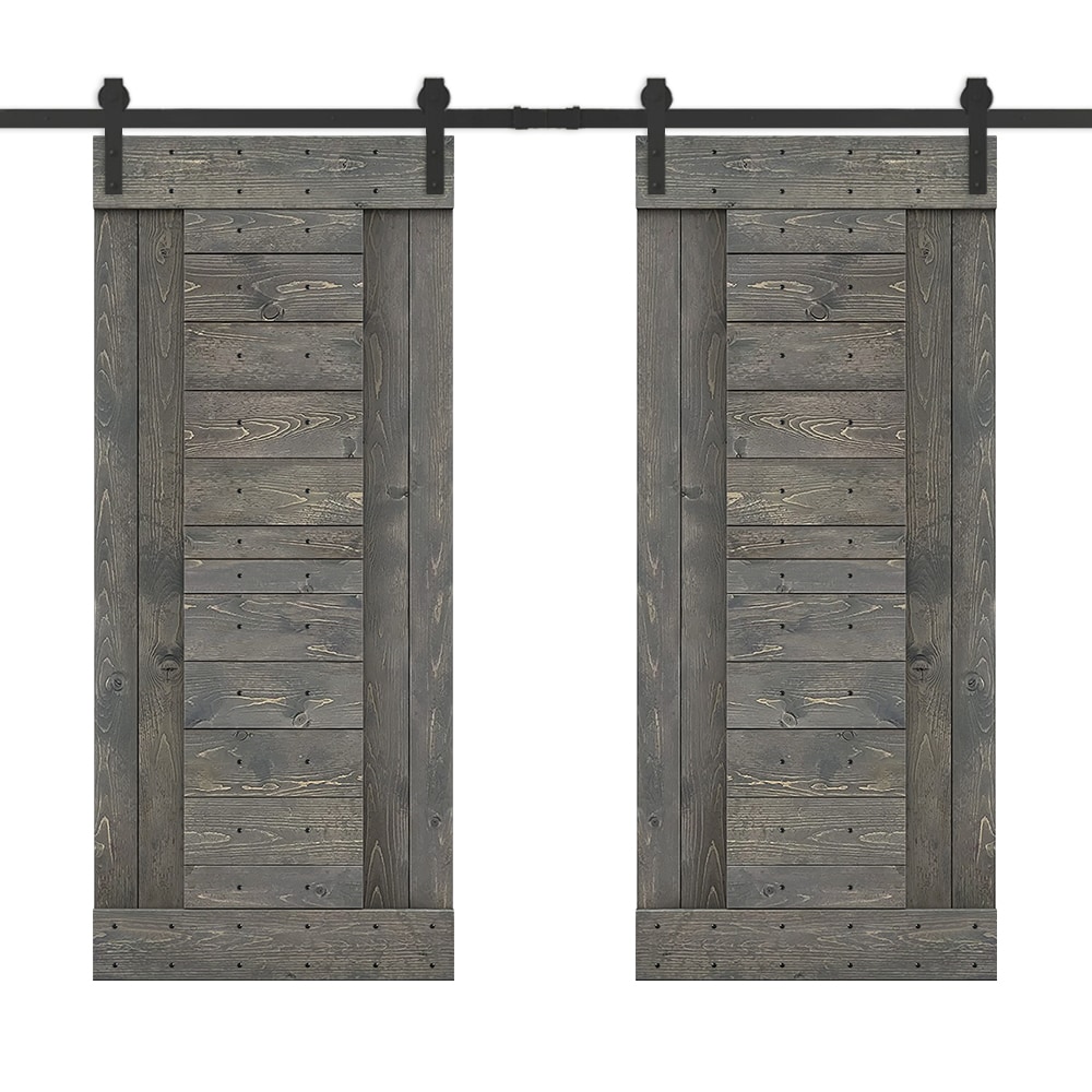 CALHOME MK-72(2+N3-36GT(2+CN 72-in x 84-in Weather Gray Stained Pine Wood Solid core Double Barn Door (Hardware Included)
