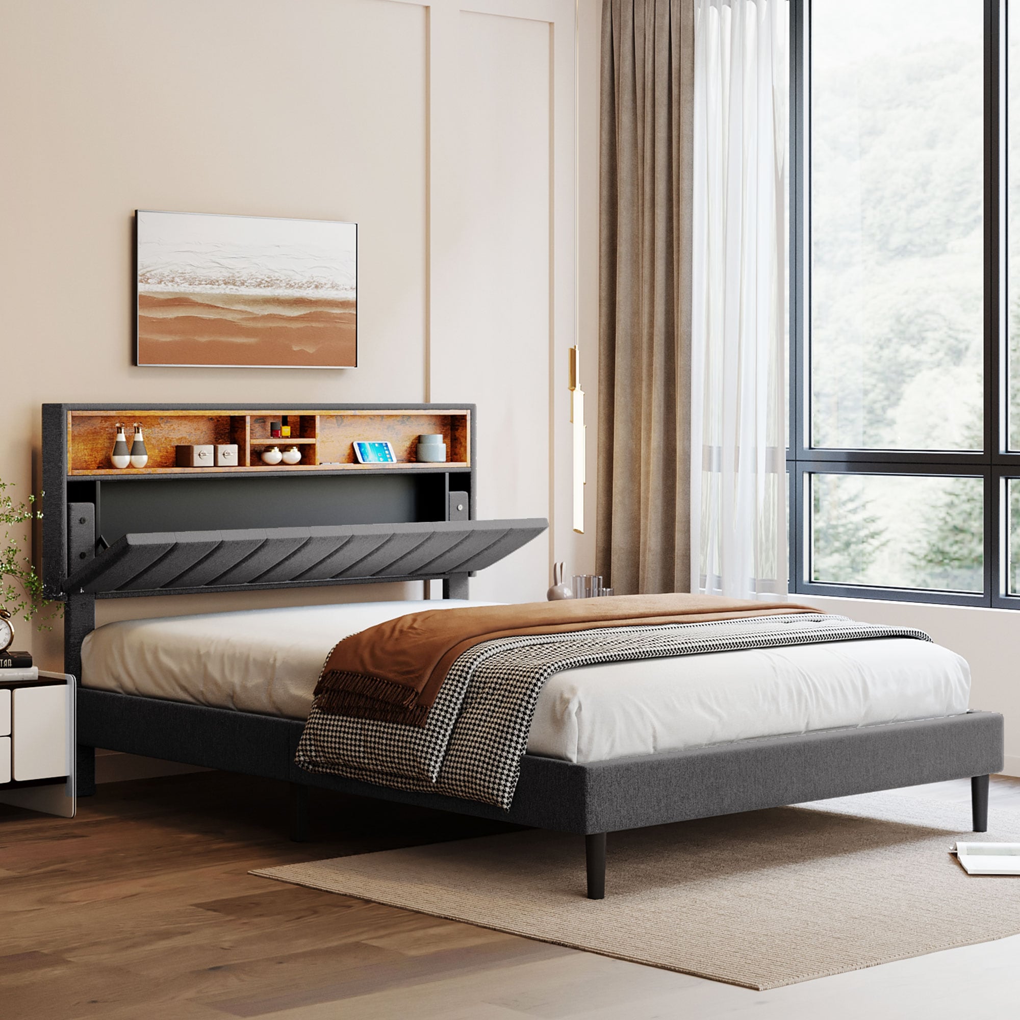 ModernLuxe WF299338AAE Queen Size Upholstered Platform Bed with Storage Headboard and USB Port  Linen Fabric Upholstered Bed Gray