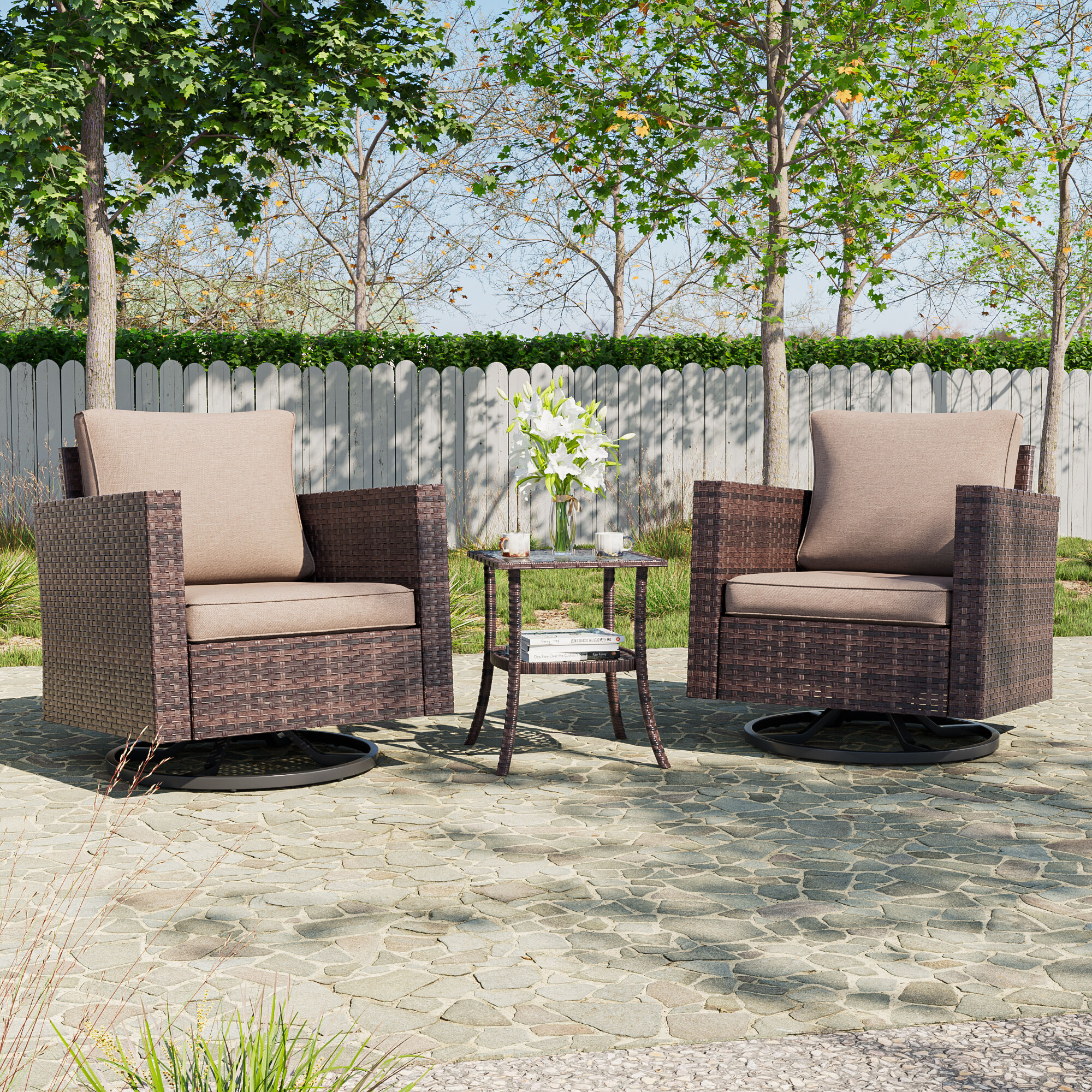 ACEGOSES LW-2R-BSD-T2 Patio Swivel rocker chairs 3-Piece Wicker Patio Conversation Set with Tan Cushions