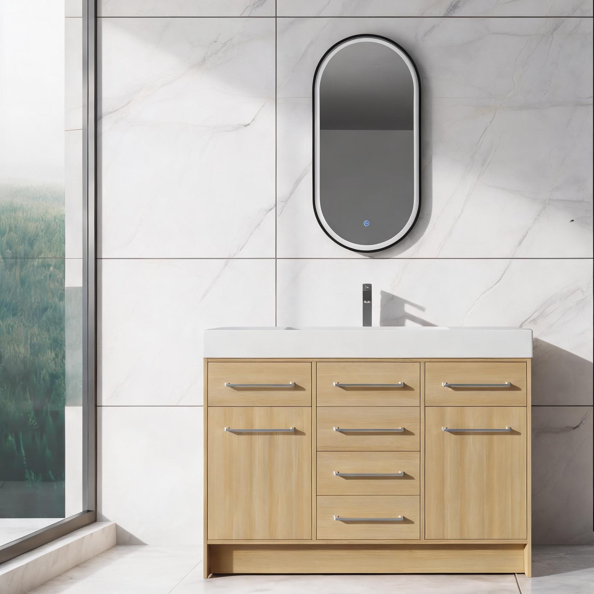 Watnature Oak Plywood Bathroom Vanity with Storage 48-Inch Resin Sink Soft-Close Doors Drawers