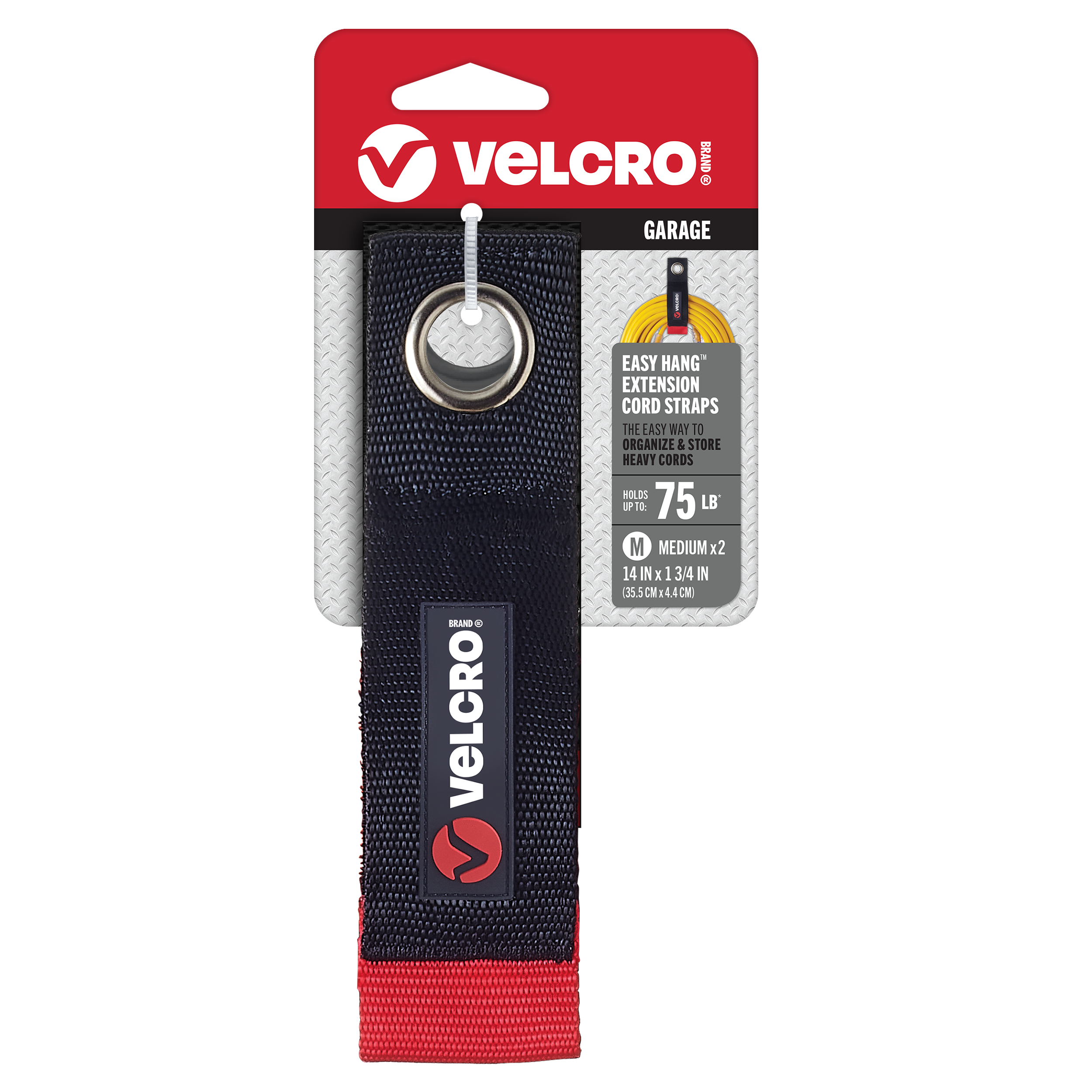 VELCRO Brand VEL-30748-USA 14 Inch Black Grommets EASY-HANG Extension Cord Strap 1 3/4in x 14in Hook loop fastener 75-lbs. Weight Capacity 2 -Pack
