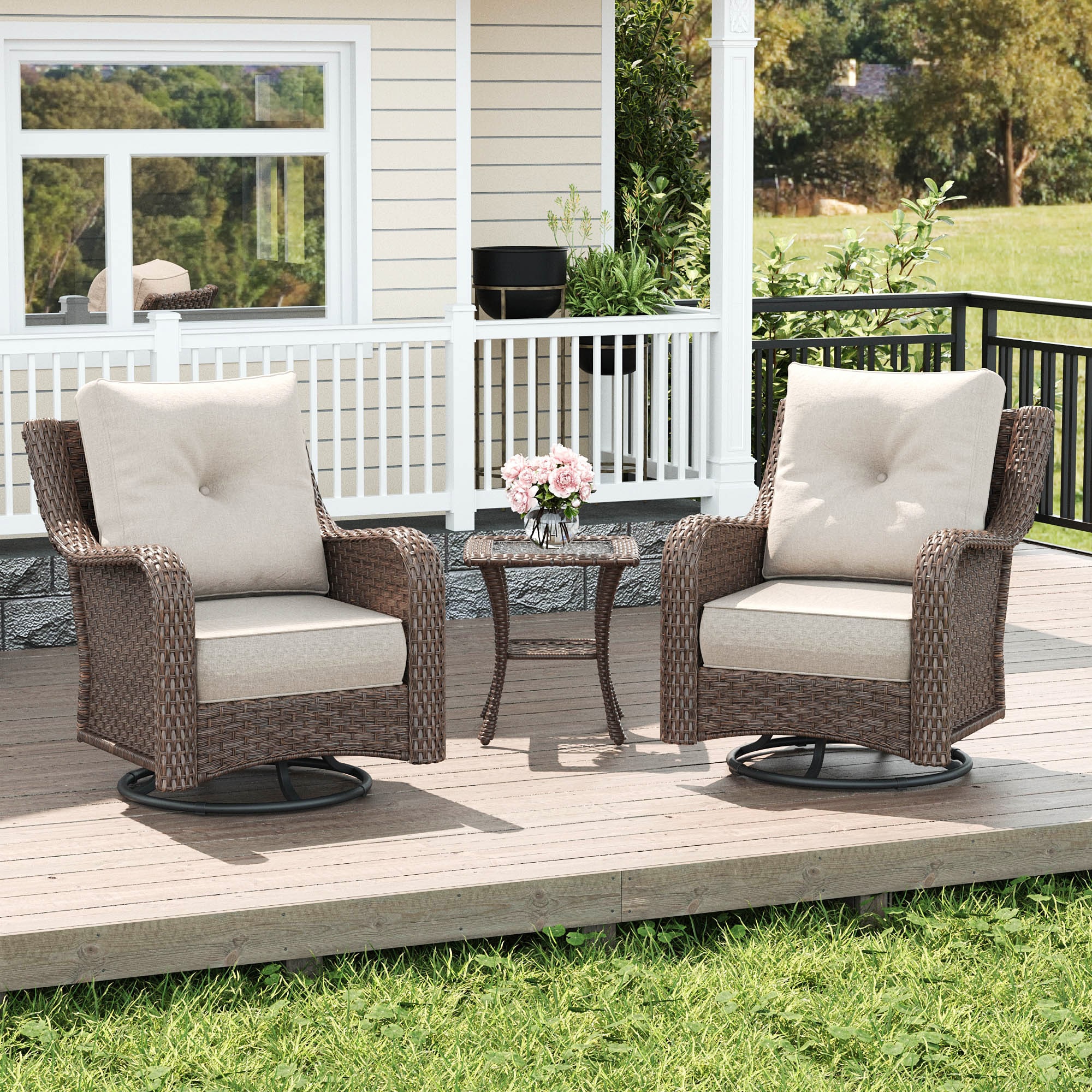 LayinSun BYT6005-3P-BR01 3 -Piece Outdoor Rattan Patio Conversation Set with Beige Cushions