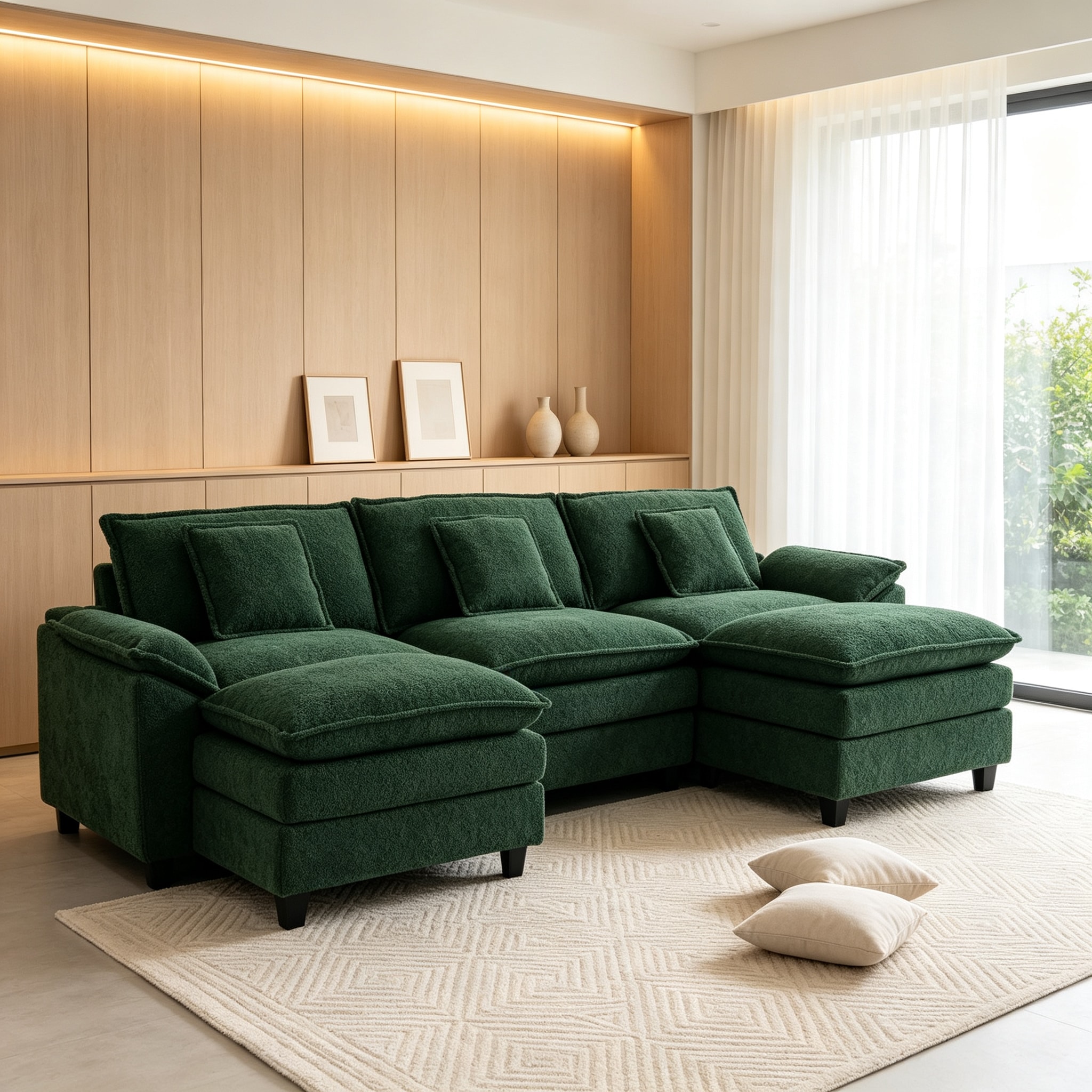VOUA Cloud Couch with 2 Ottomans 106-in W Modern Olive Green Chenille 3-seater Sectional with Slipcover