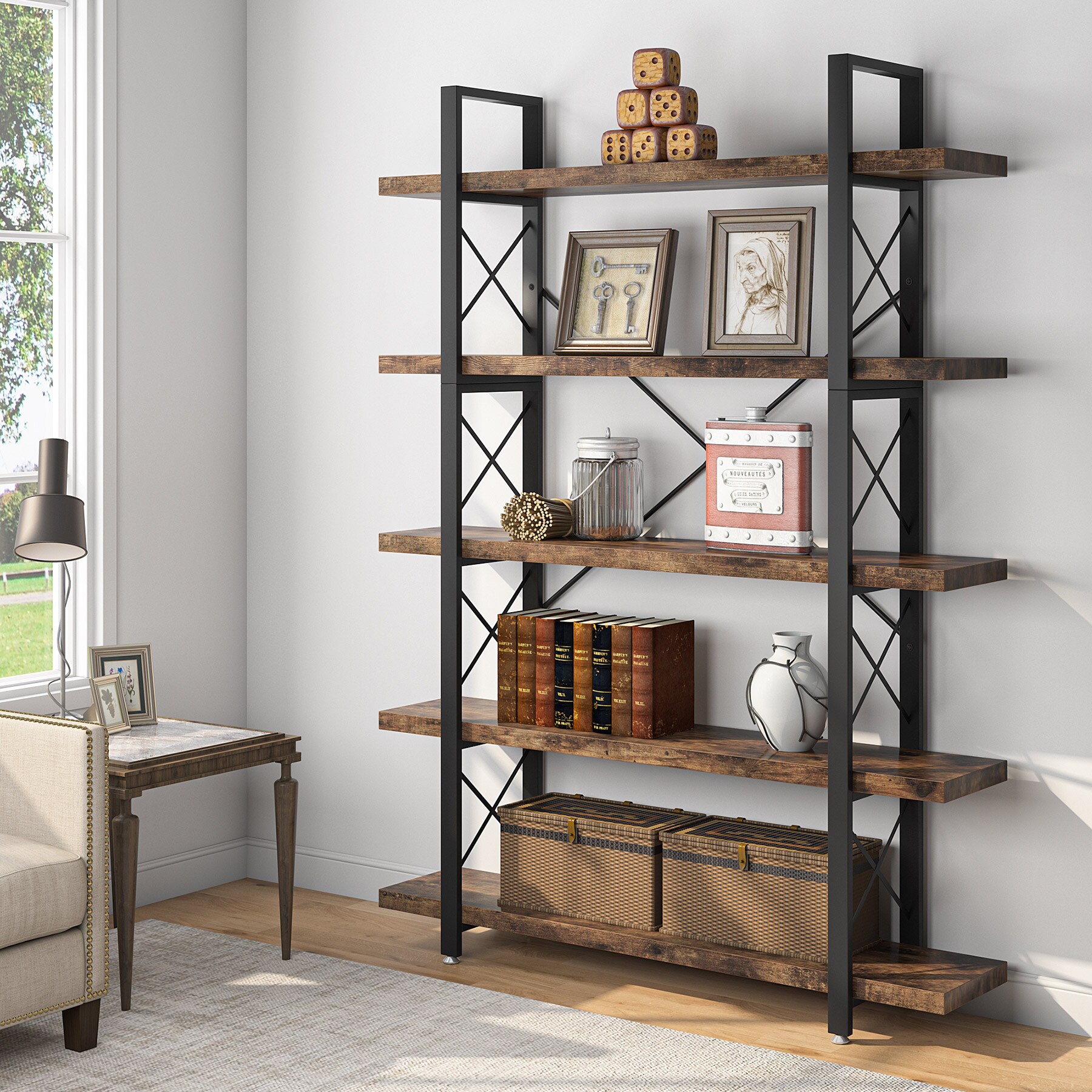 Tribesigns Tribesigns Rustic Wood 5 Shelf Industrial Style Bookcase And Book Shelves Metal And 