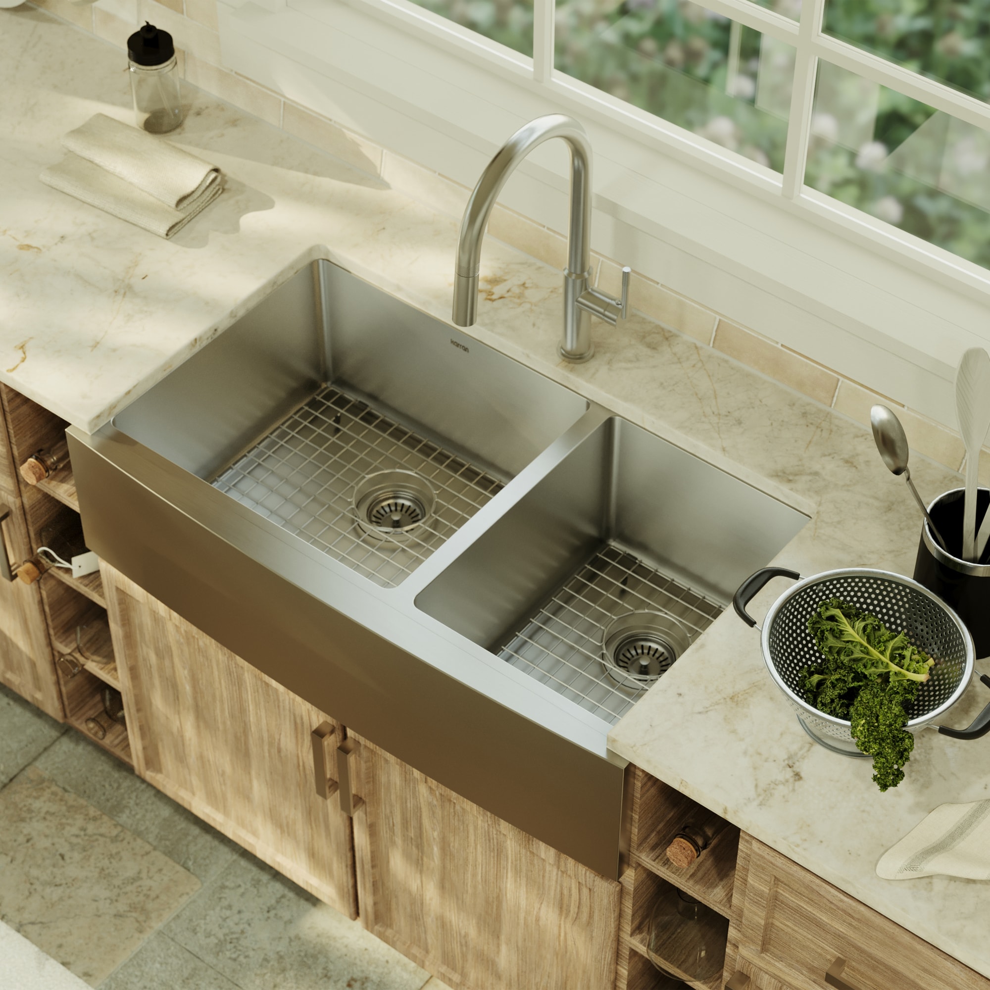 Karran Elite Farmhouse apron front 36-in x 22.25-in Stainless steel Double offset bowl 16 -Gauge Kitchen Sink