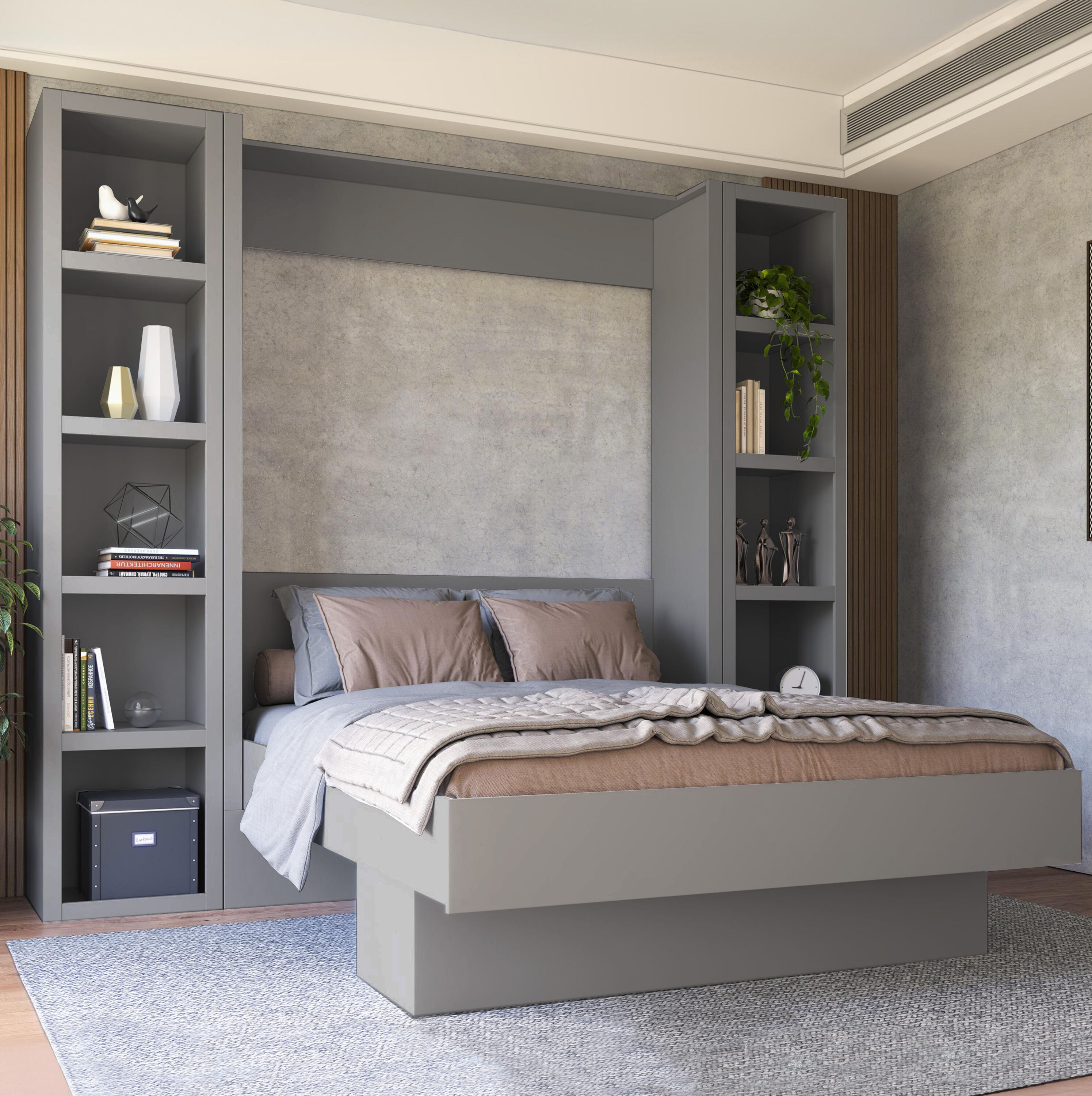 Oakland Living LILA-BED-QN-DOB-GY High Quality Brazilian Wall Bed Grey Queen Wood veneer Murphy Bed with Storage