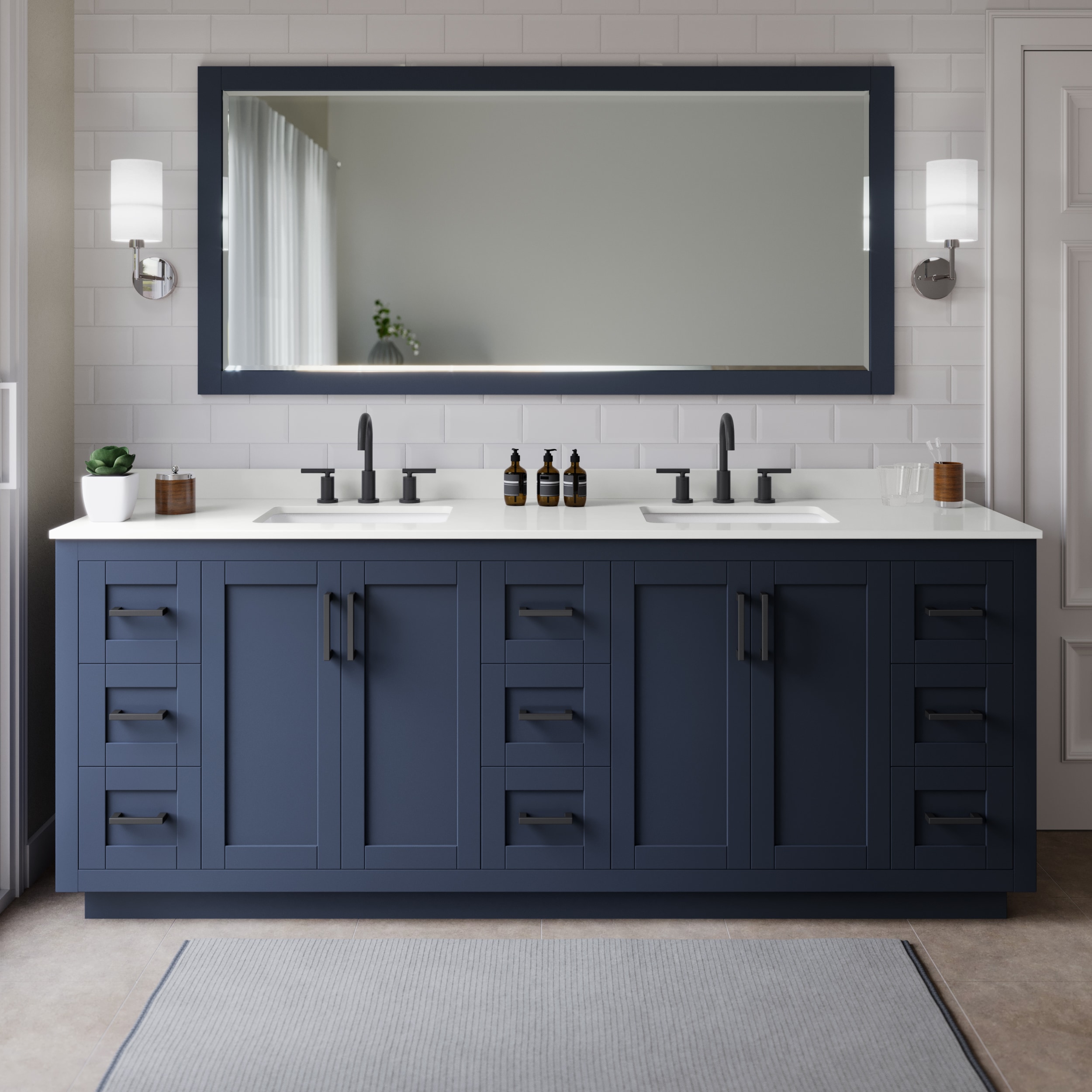 Wyndham Collection WCF292984DBBWQUS3MXX Miranda 84-in Dark Blue Undermount Double Sink Bathroom Vanity with White Quartz Top