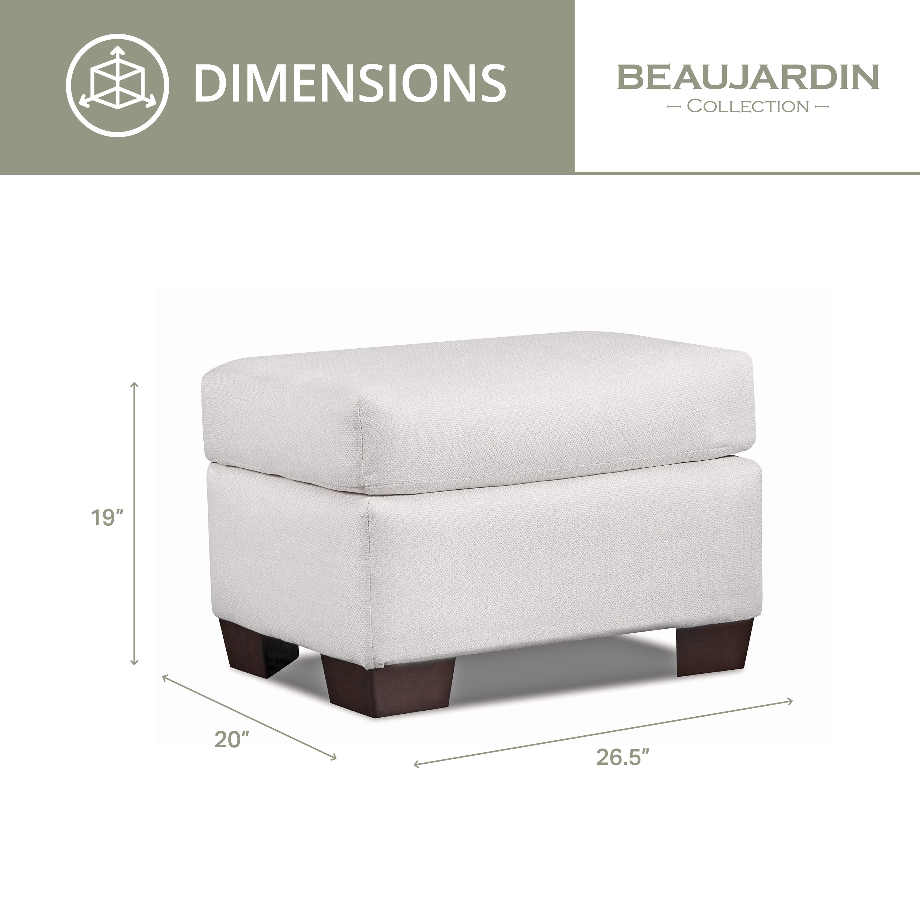 Soft Washed Cream Polyester Tweed Ottoman with Solid Wood Legs