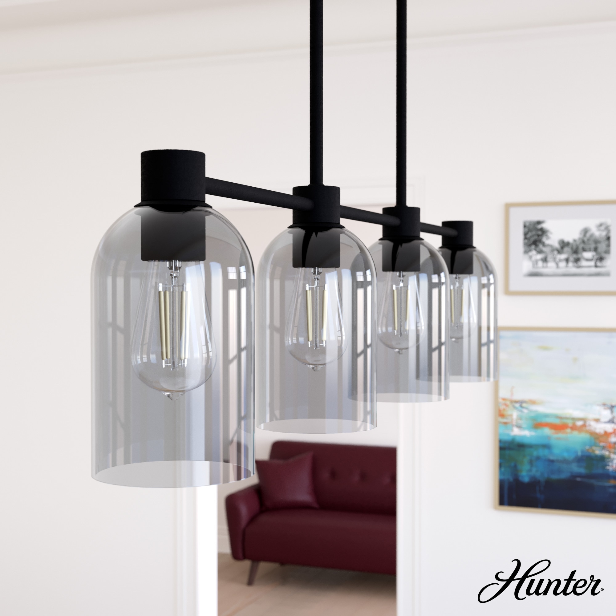 Hunter 19715 Lochemeade 4 -Light Matte Black Modern/contemporary Crystal For Use in Bedrooms, Dining Rooms, Foyers, Kitchens, Living Rooms Chandelier