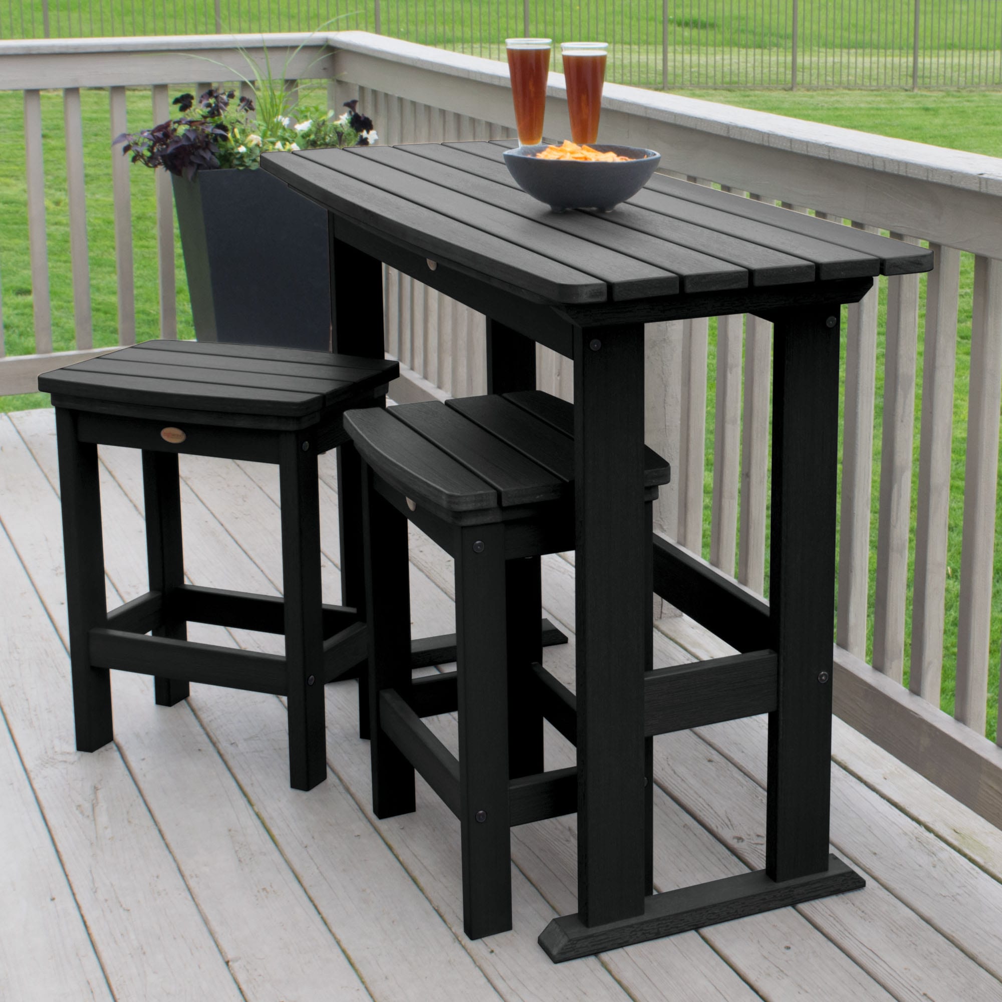 highwood AD-KITBALC1-BKE Lehigh 3 -Piece Black Bistro Patio Dining Set Plastic Rectangle Table with 2 Stationary Chairs