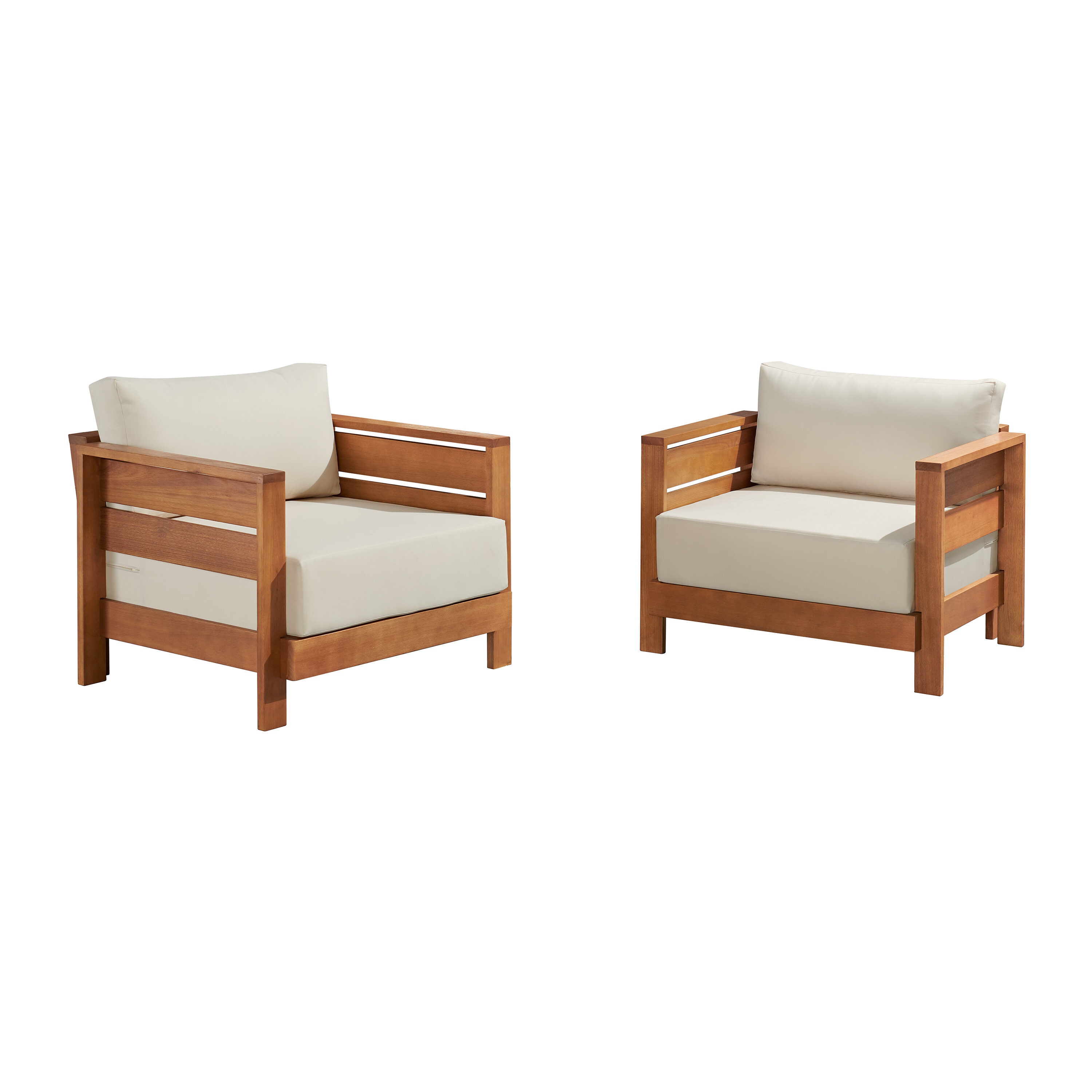 Alaterre Furniture 80-OUTD-WD-CH-SET1 Barton Set of 2 Brown Wood Wood Frame Stationary Conversation Chair with Off-white Cushioned Seat
