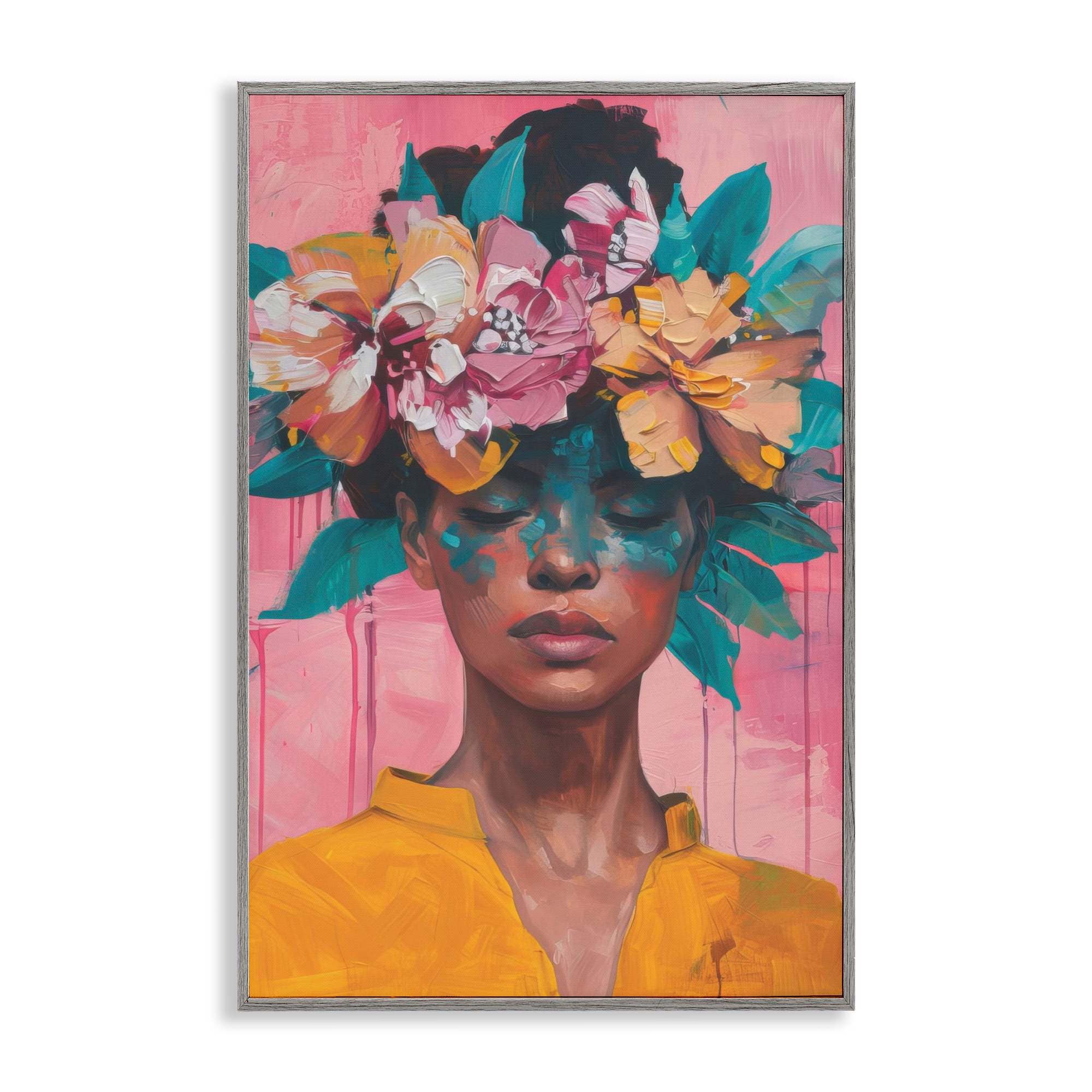 Stupell Industries BT-679-GFF-16X24 Woman With Floral Headdress Gray Framed Giclee Art By LSR Design Studio 16 x 24