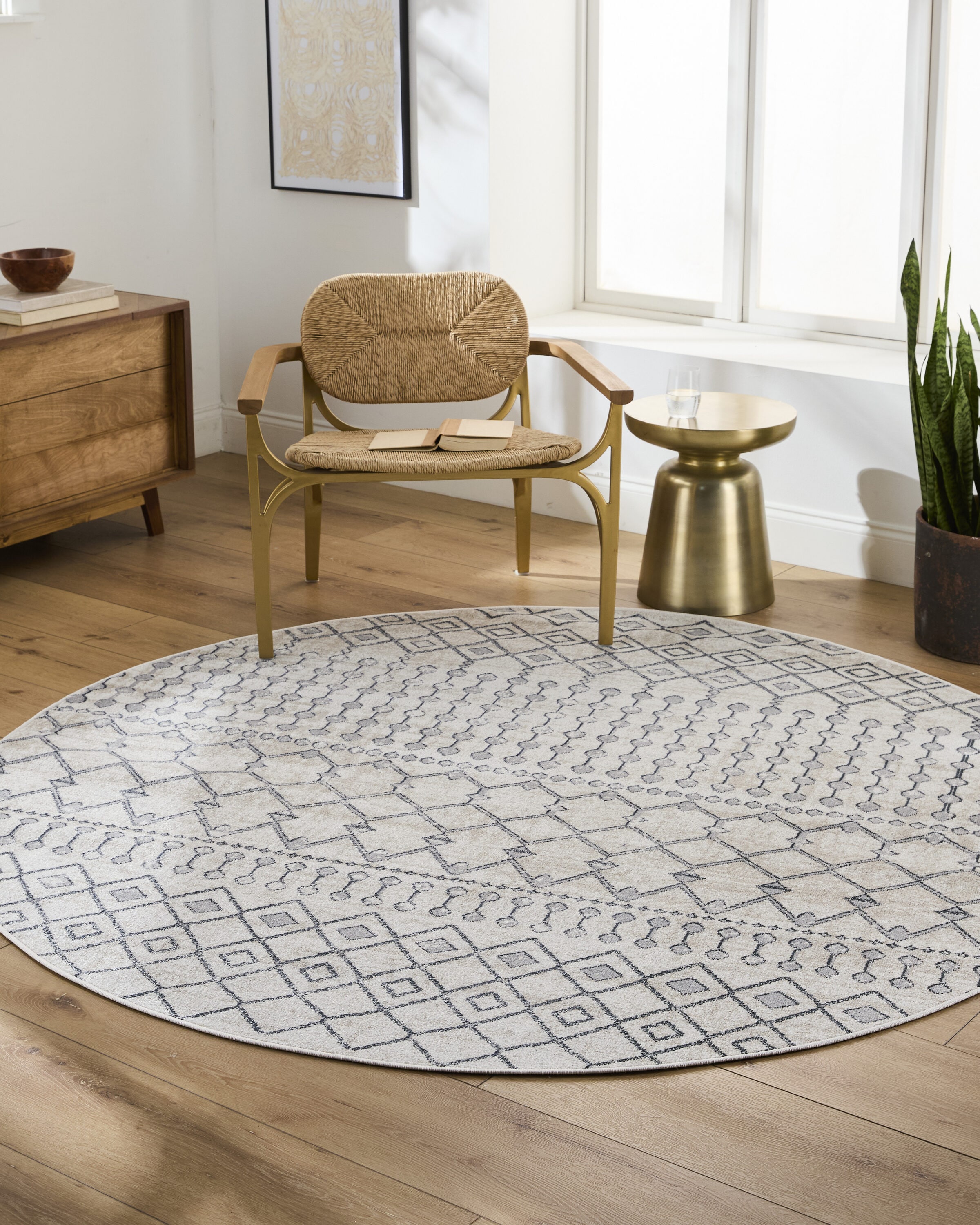 Livabliss LVR2339-67RD Lavadora 7 x 7 (ft) Polyester Light Grey Round Indoor Tribal Global Machine washable Area rug