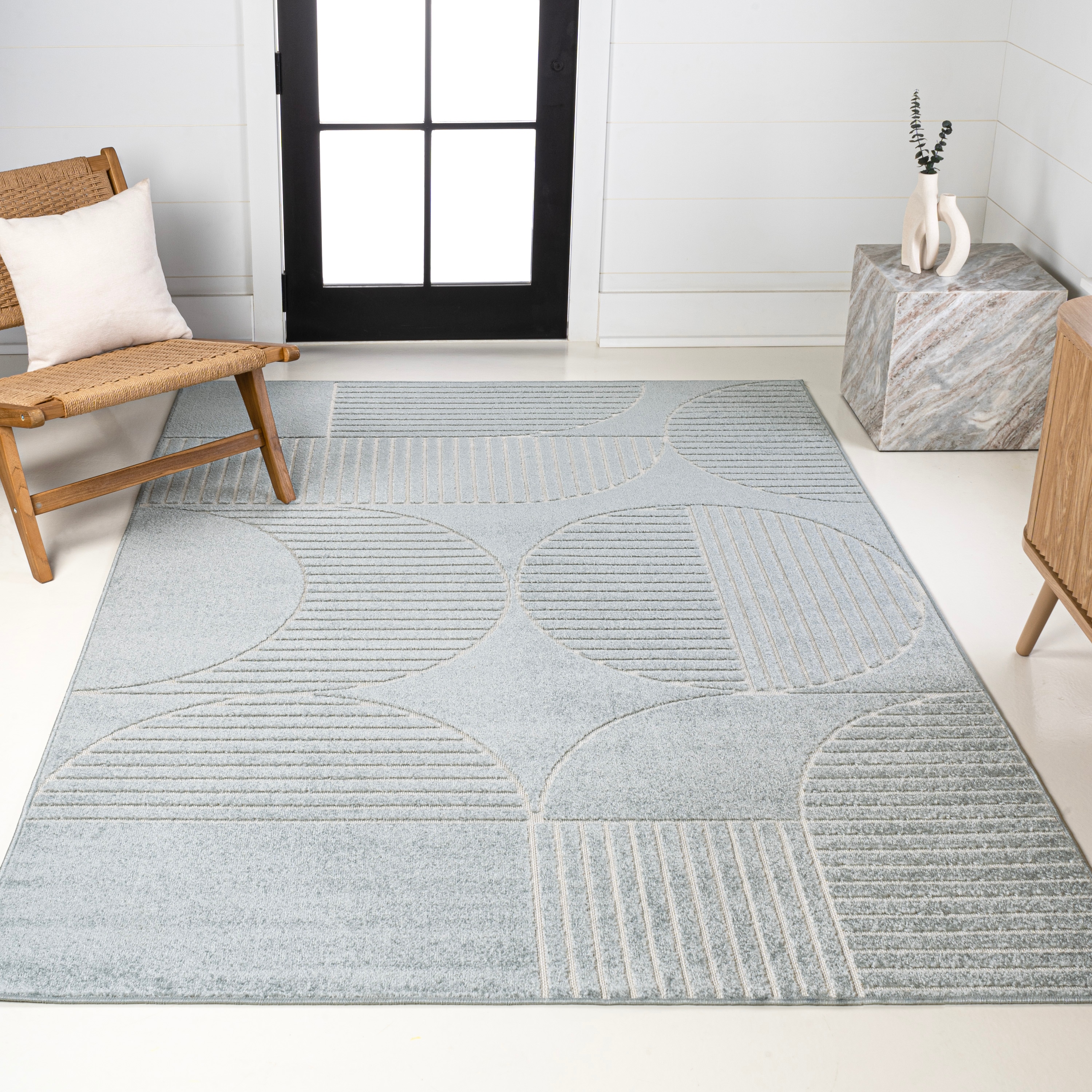 JONATHAN  Y SCN104F-4 SCANDINAVIAN Nordby High-Low Arch 4 x 6 (ft) Loomed Polypropylene Light Blue/Cream Rectangular Indoor/Outdoor Stripe Bohemian/Eclectic Area rug