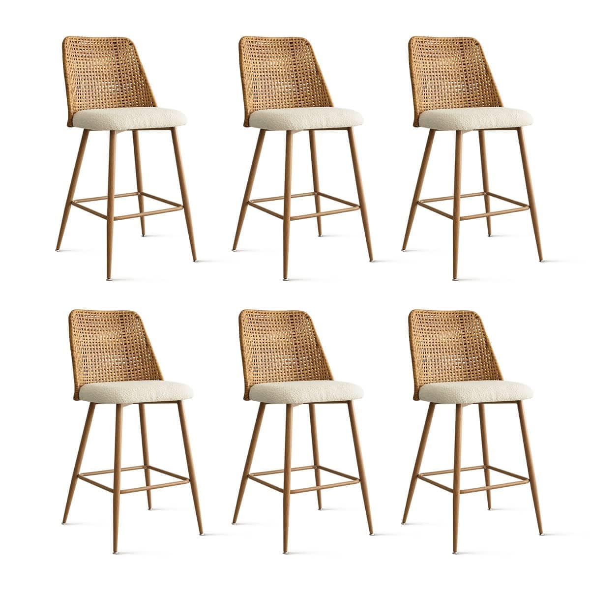 Maison Boucle NICE-MIDBAR-OAK-6 Set of 6 Oak Rattan Counter Stools with Upholstered Seat and Back for Dining Room