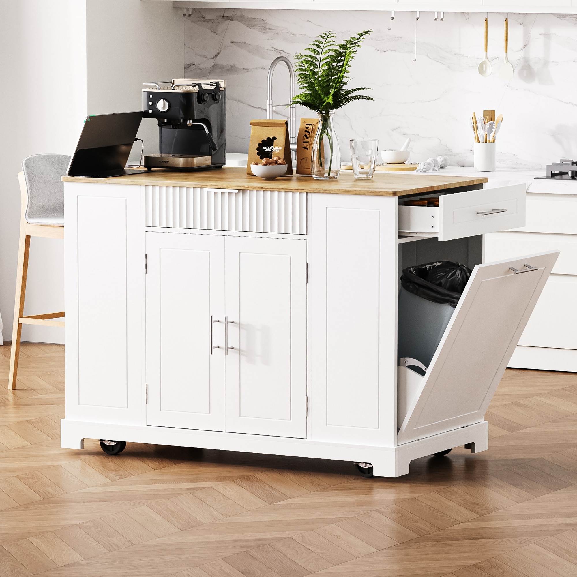 BABOOM BOM-2S00029-OR White MDF Base with Wood Rolling Kitchen Island ( 20.5-Inches x 48.5-Inches x 36.4-Inches )