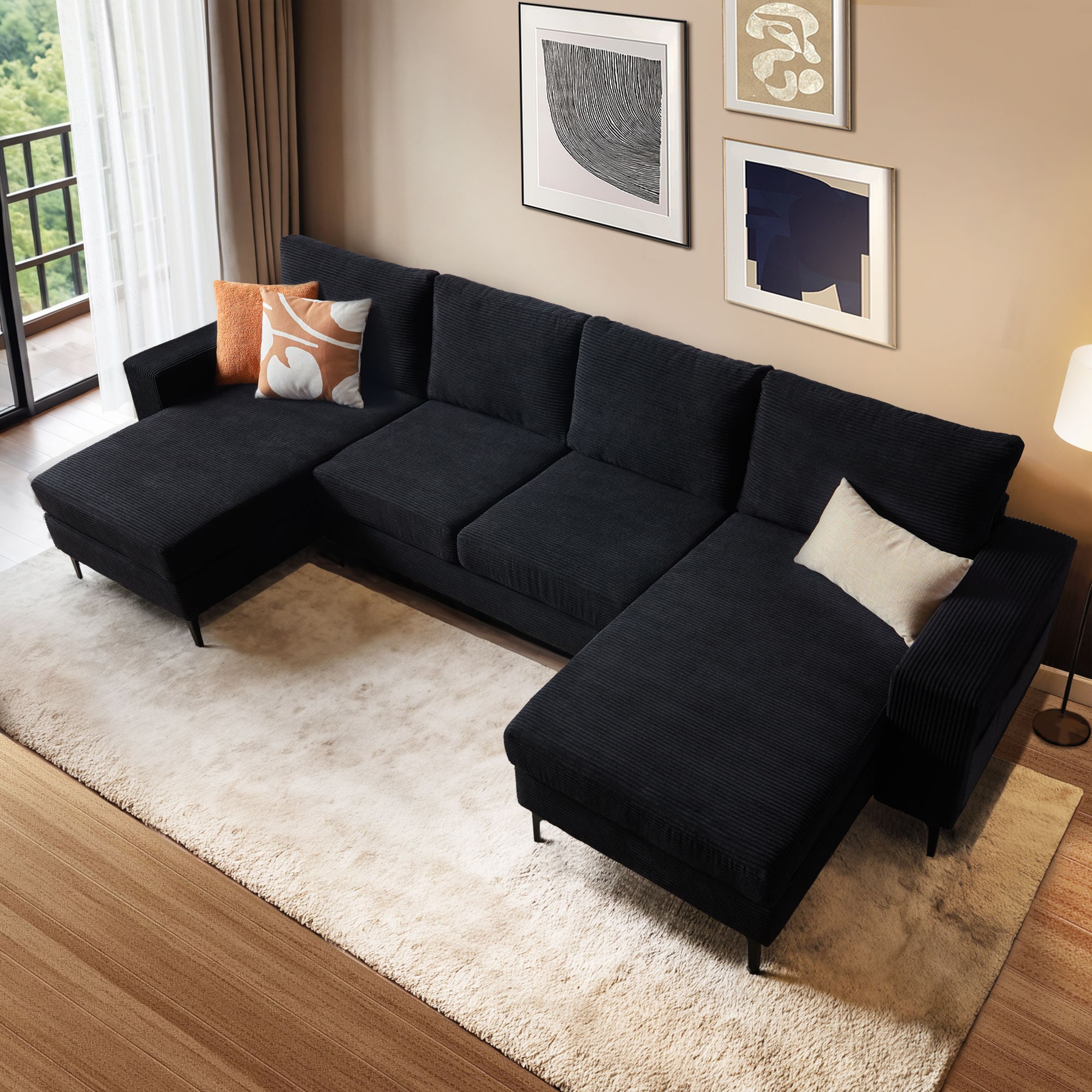 Pouuin SKIKI-400 125.98-in Modern Black Corduroy 4 -seater Sofa
