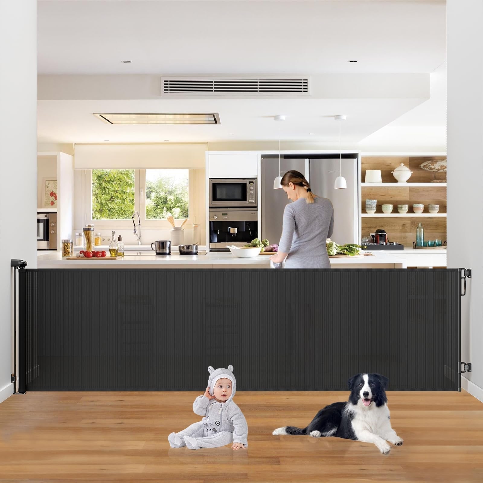 Etokfoks  Retractable Baby Dog Gate 54 in Wide 34 in High White Mesh Panel Safety Barrier Stairs Doorways