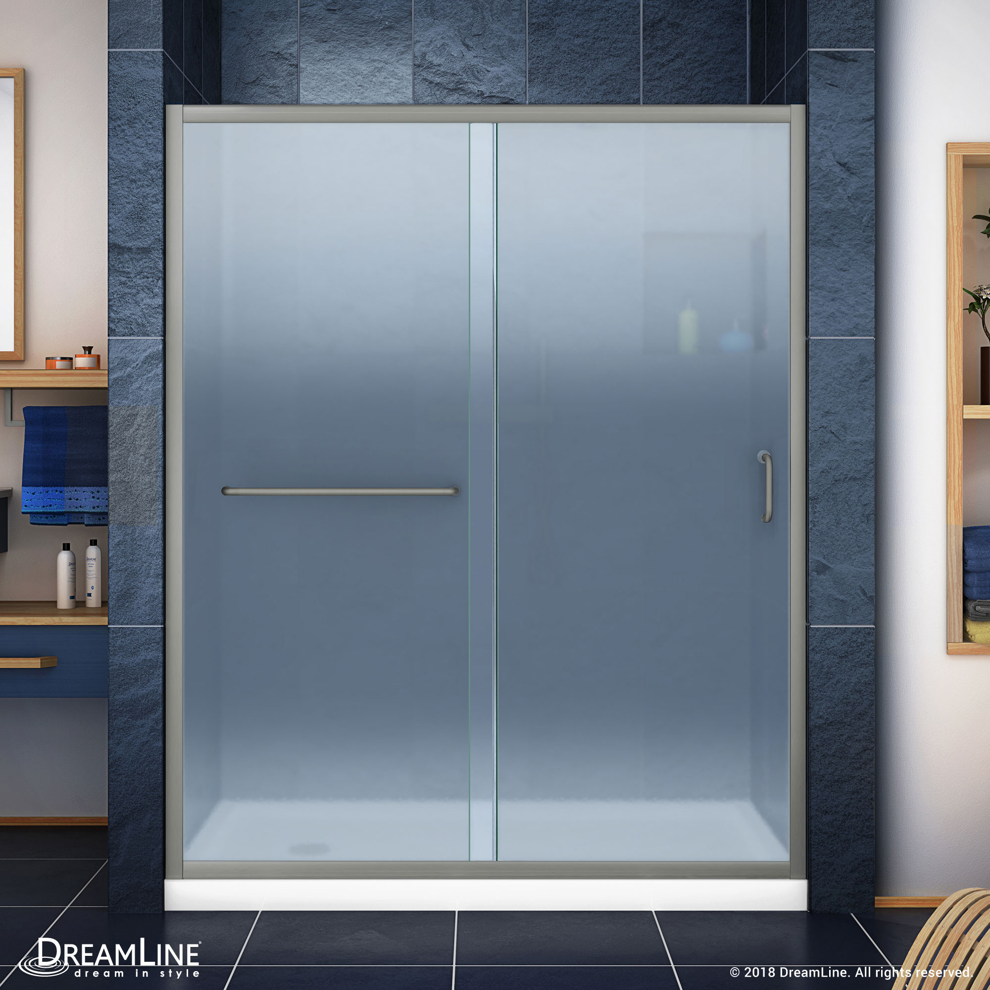 DreamLine DL-6970L-04FR Infinity-Z 2 -Piece 60-in W x 30-in L x 75-in H Rectangular Alcove shower kit ( Left Drain) Base and Door Included Brushed nickel Hardware Included