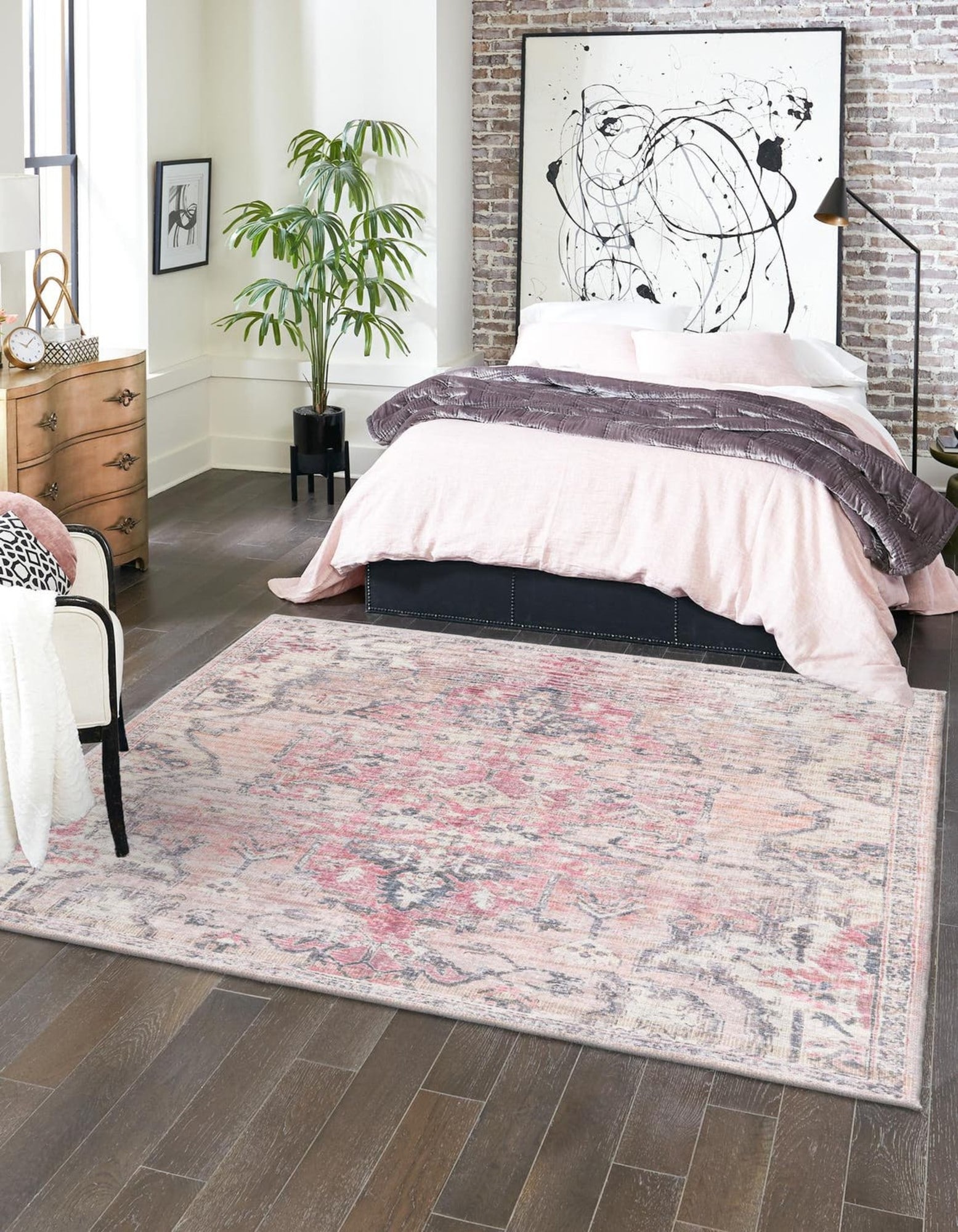 Unique Loom 3177743 Nostalgia Washable 8 x 8 (ft) Loomed Chenille Beige pink Square Indoor Border Machine washable Area rug