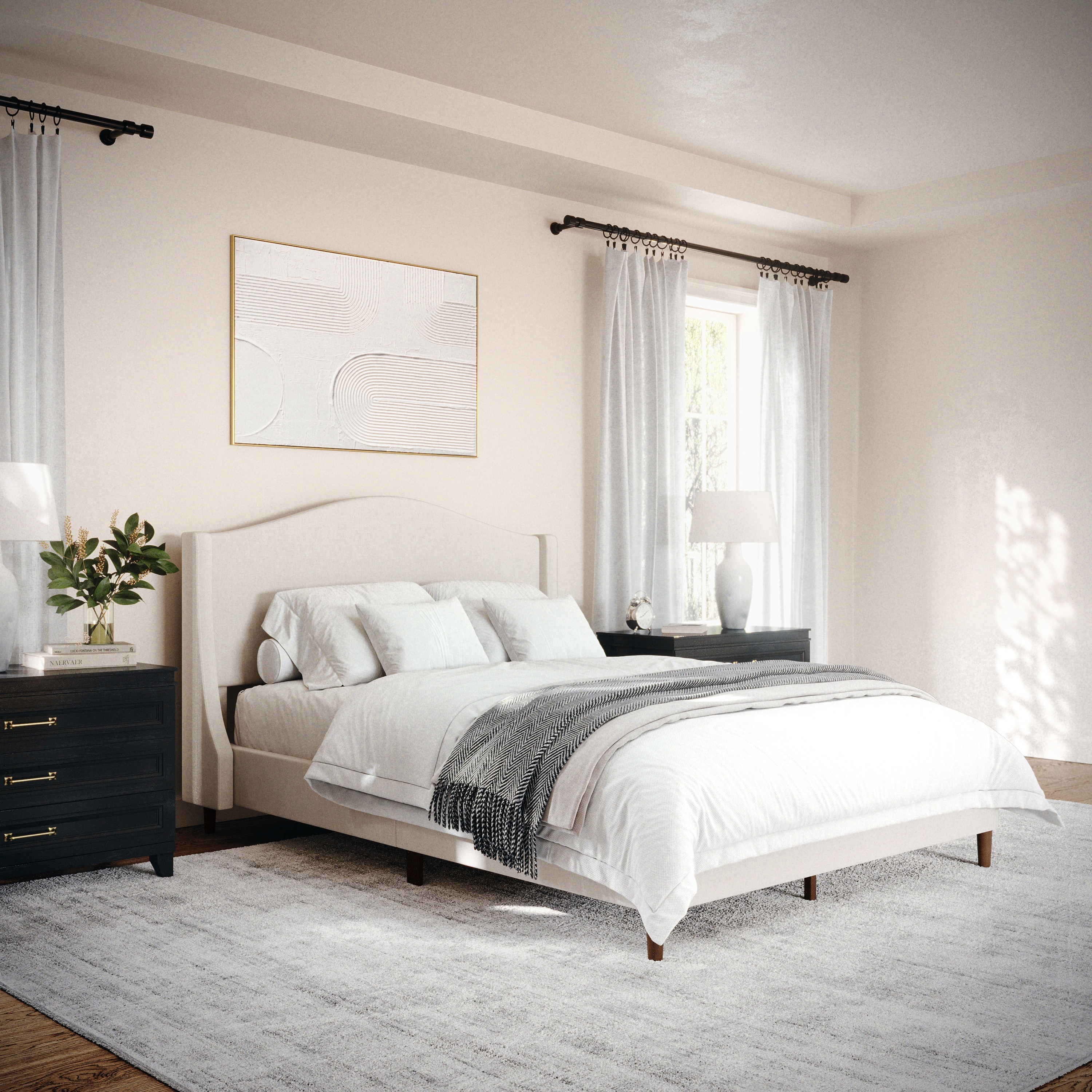 Full Beige Linen Upholstered Platform Bed with Walnut Legs