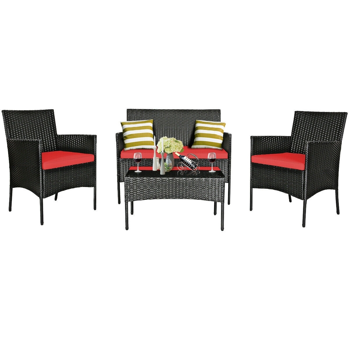 CASAINC WF-HW65357RE 4 Pieces Patio Rattan Cushioned Sofa Set with Tempered Glass Coffee Table 4 -Piece Rattan Patio Conversation Set with Red Cushions