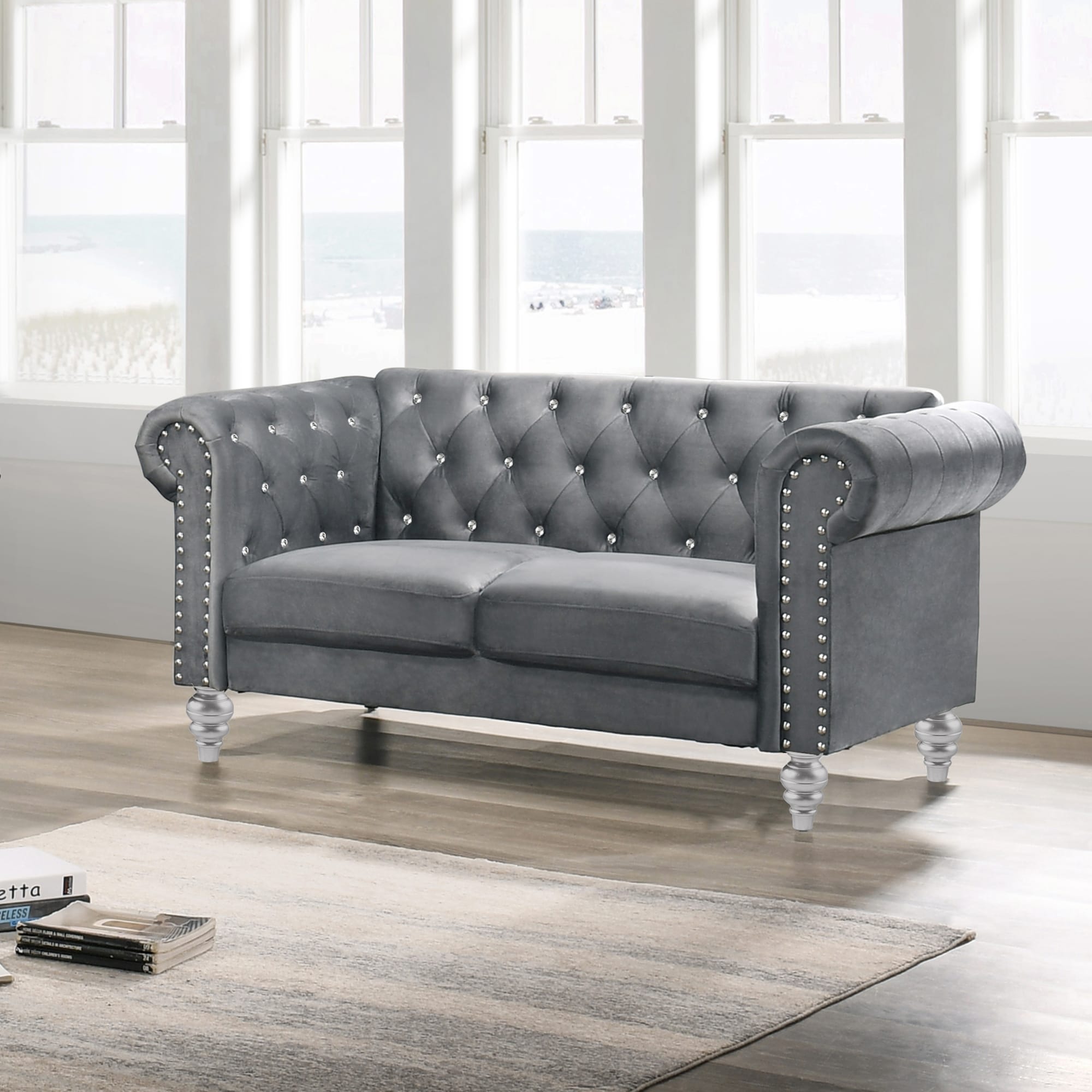 New Classic Furniture UKD13-20-GRYC Emma 61.75-in Glam Gray Velvet 2 -seater Loveseat