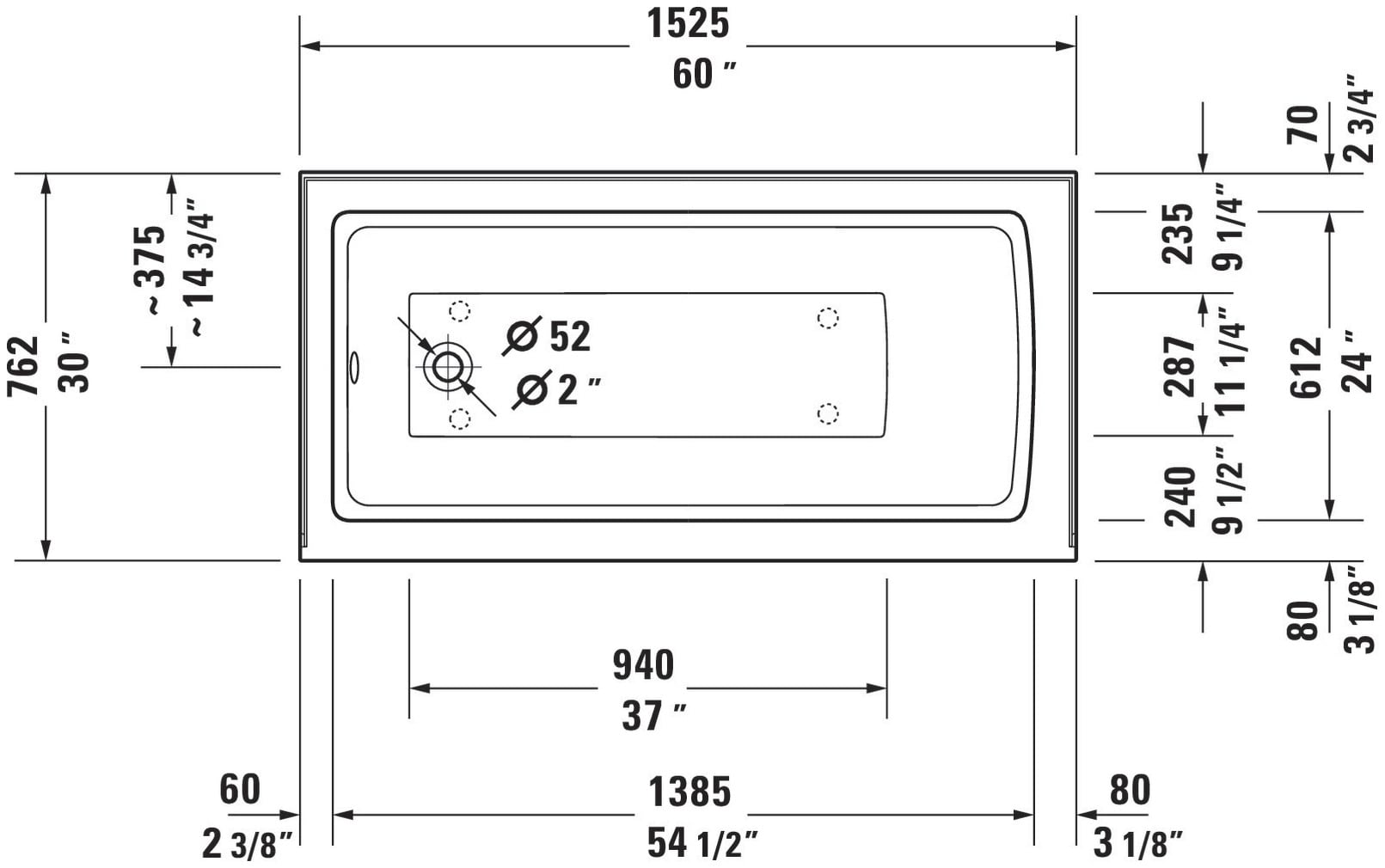 Architec 60" White Acrylic Alcove Soaking Bathtub